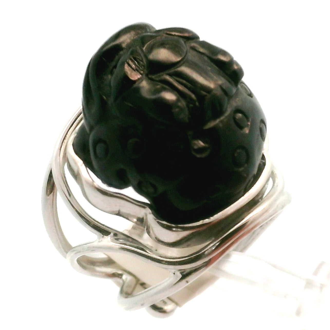 Hypersthene Money Toad Cuff Ring .925 Silver for Calm, Magic and Improved Manifestation