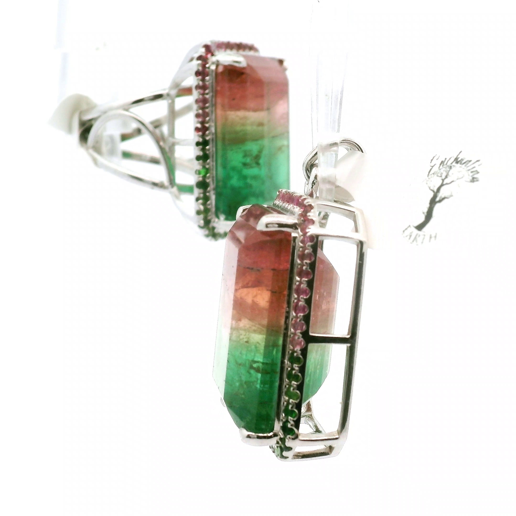 Watermelon Tourmaline Pavé Pendant and Ring Set .925 Silver for Meditation, Relationships and Happiness