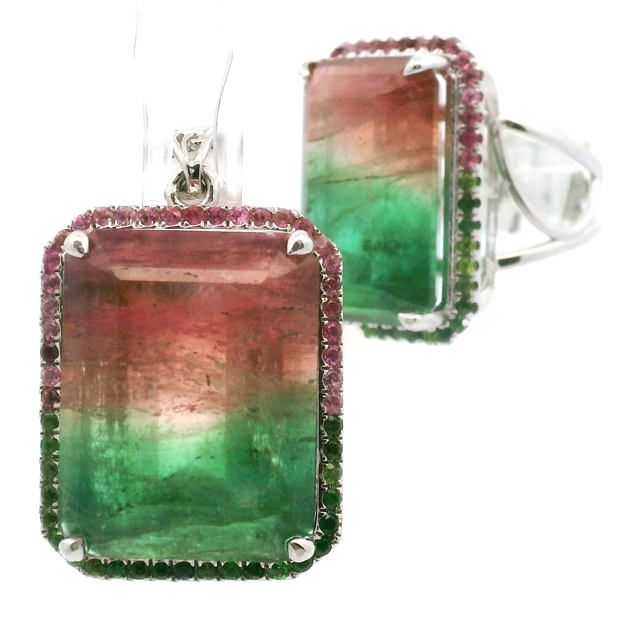 Watermelon Tourmaline Pavé Pendant and Ring Set .925 Silver for Meditation, Relationships and Happiness