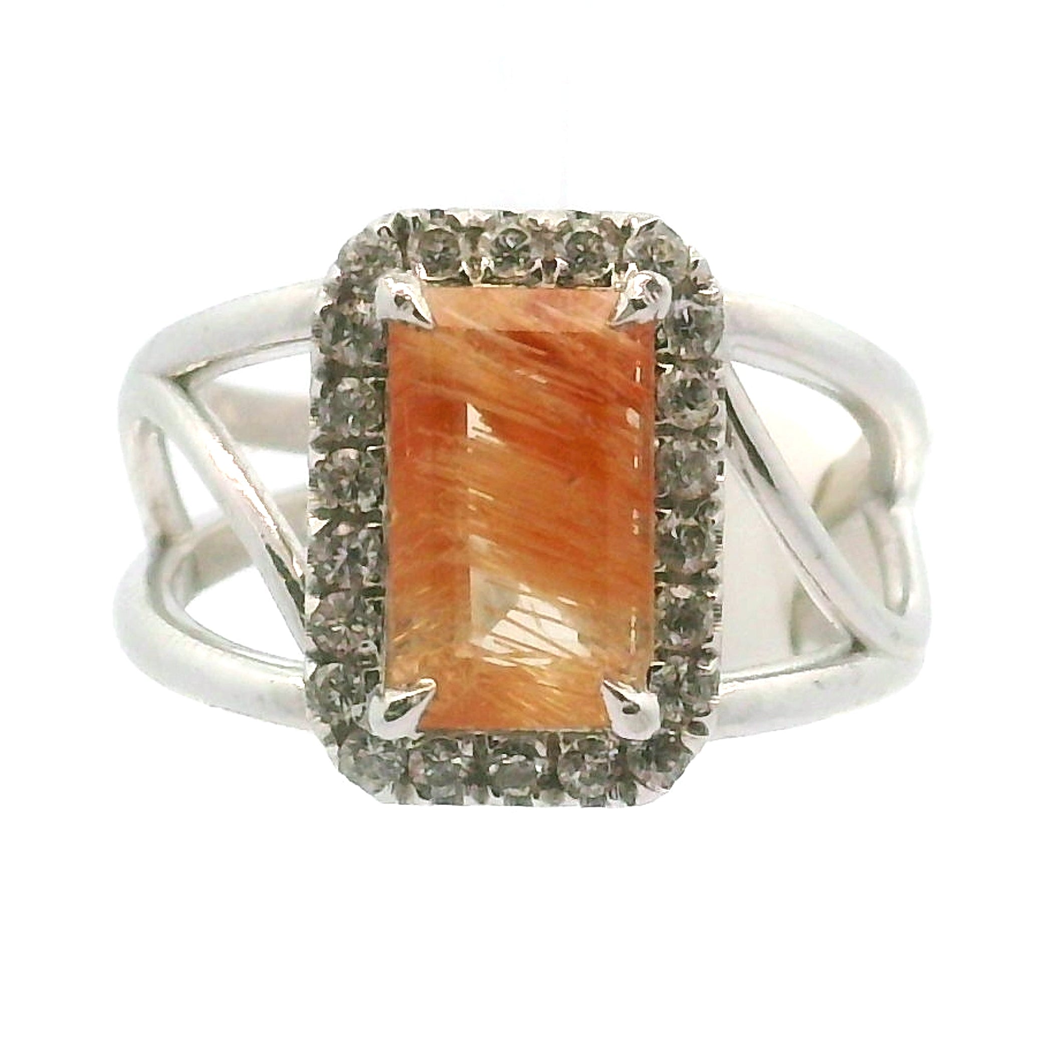Danburite with Zircon Pavé Cuff Ring .925 Silver for Connection with Higher Realms, Peace and Self Acceptance