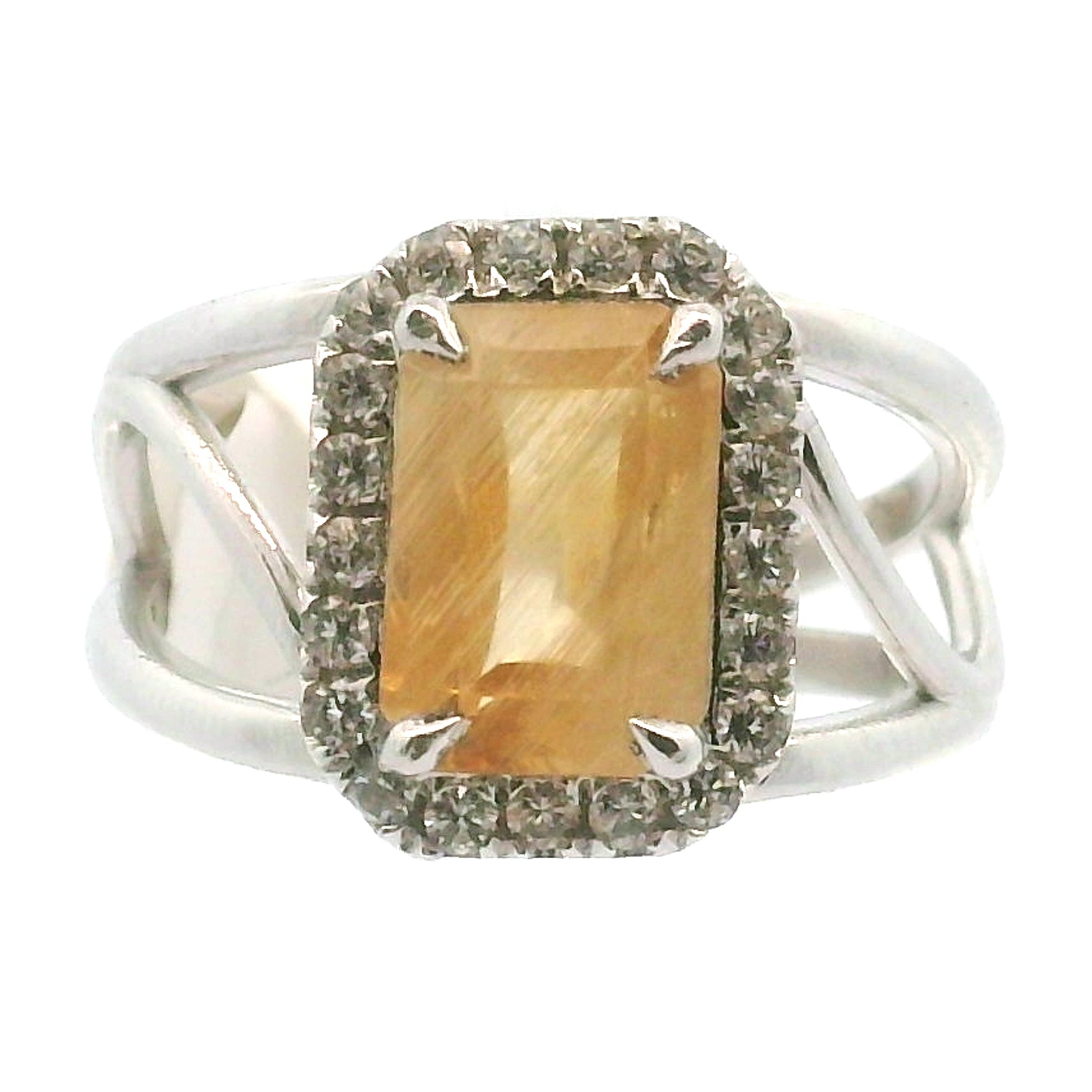 Danburite with Zircon Pavé Cuff Ring .925 Silver for Connection with Higher Realms, Peace and Self Acceptance