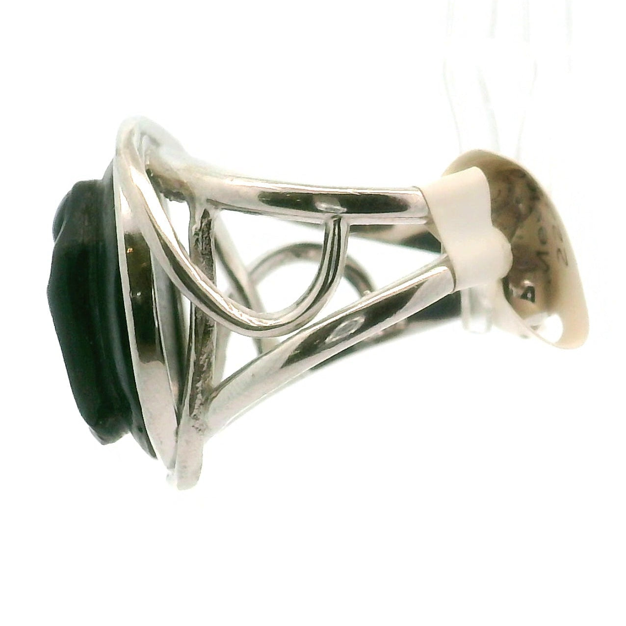 Black Obsidian Mother Mary Finger Cuff Adjustable Ring .925 Silver for Divine Guidance and Protection