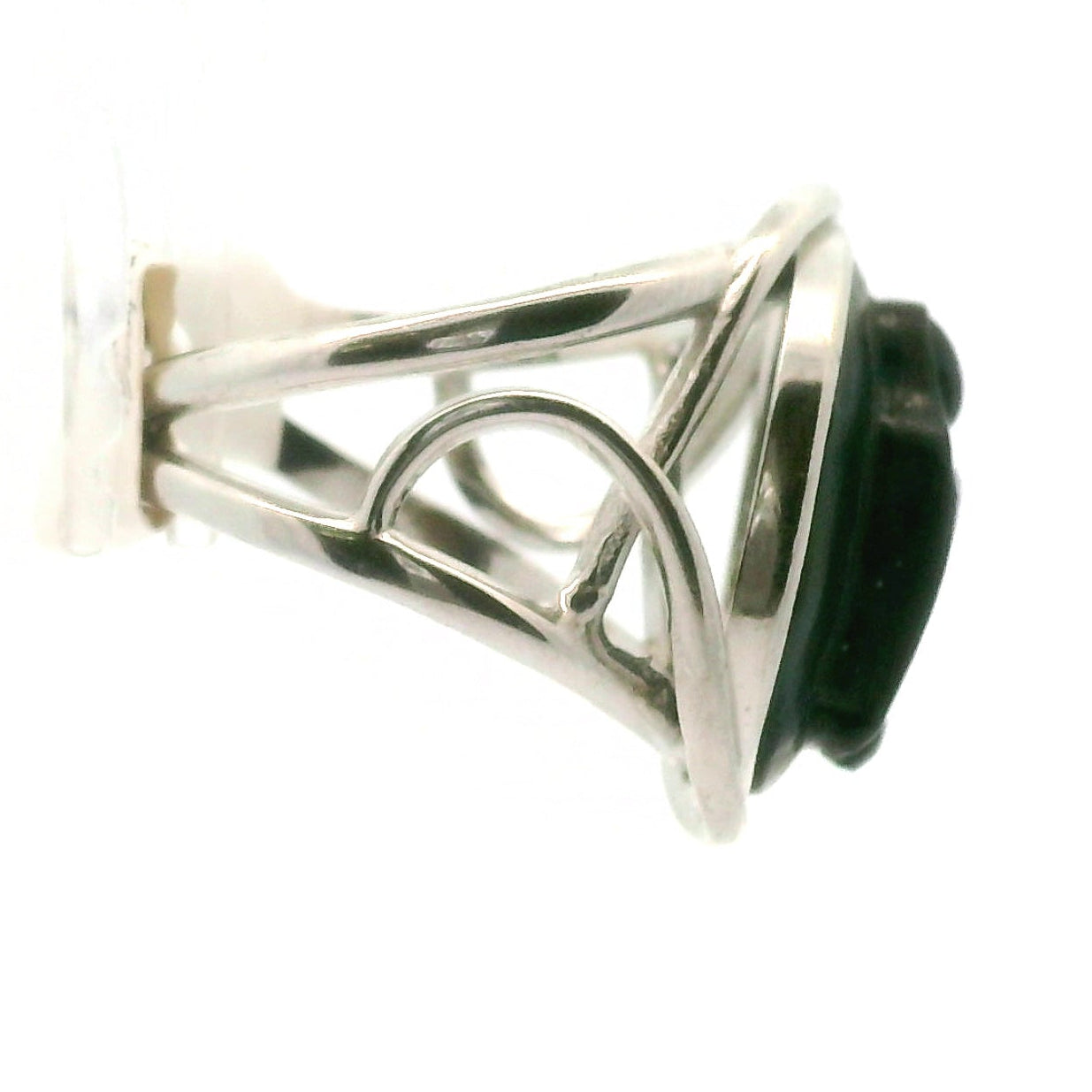 Black Obsidian Mother Mary Finger Cuff Adjustable Ring .925 Silver for Divine Guidance and Protection