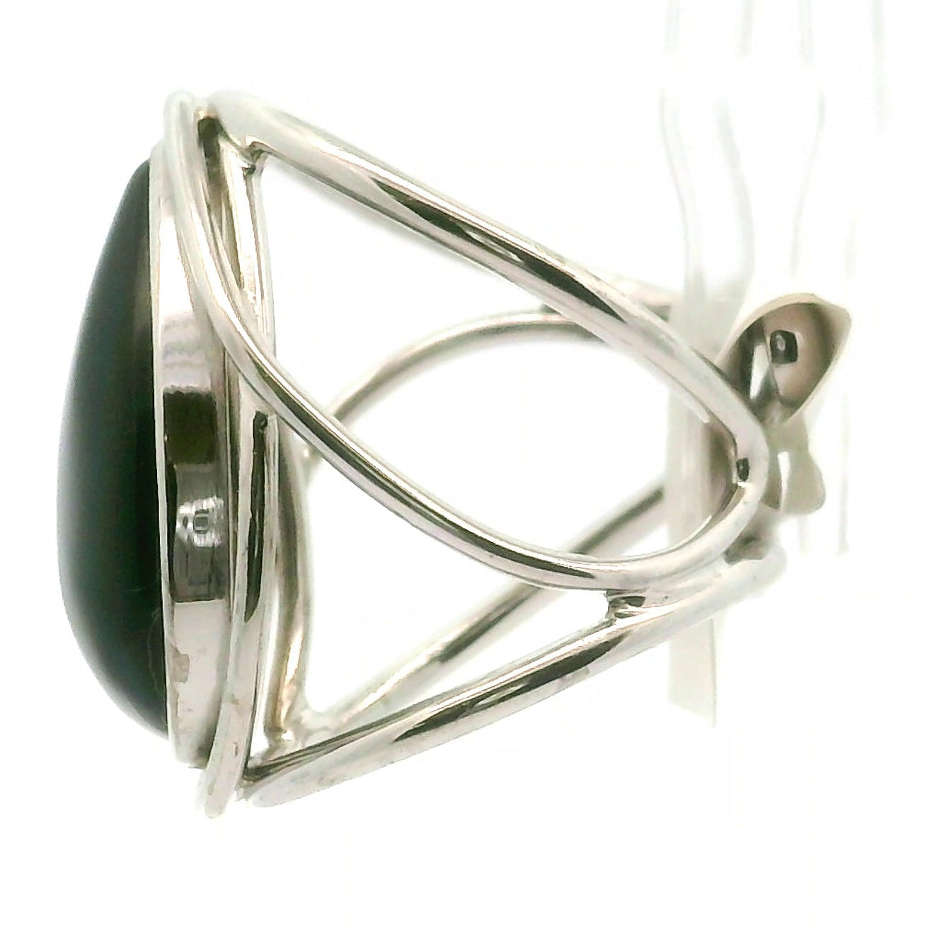 Smooth Obsidian Drop Cuff Ring .925 Silver for Shadow Work and Grounding