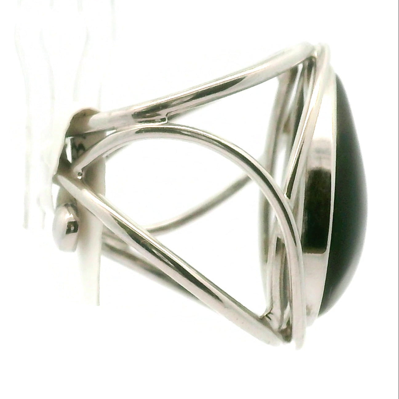 Smooth Obsidian Drop Cuff Ring .925 Silver for Shadow Work and Grounding