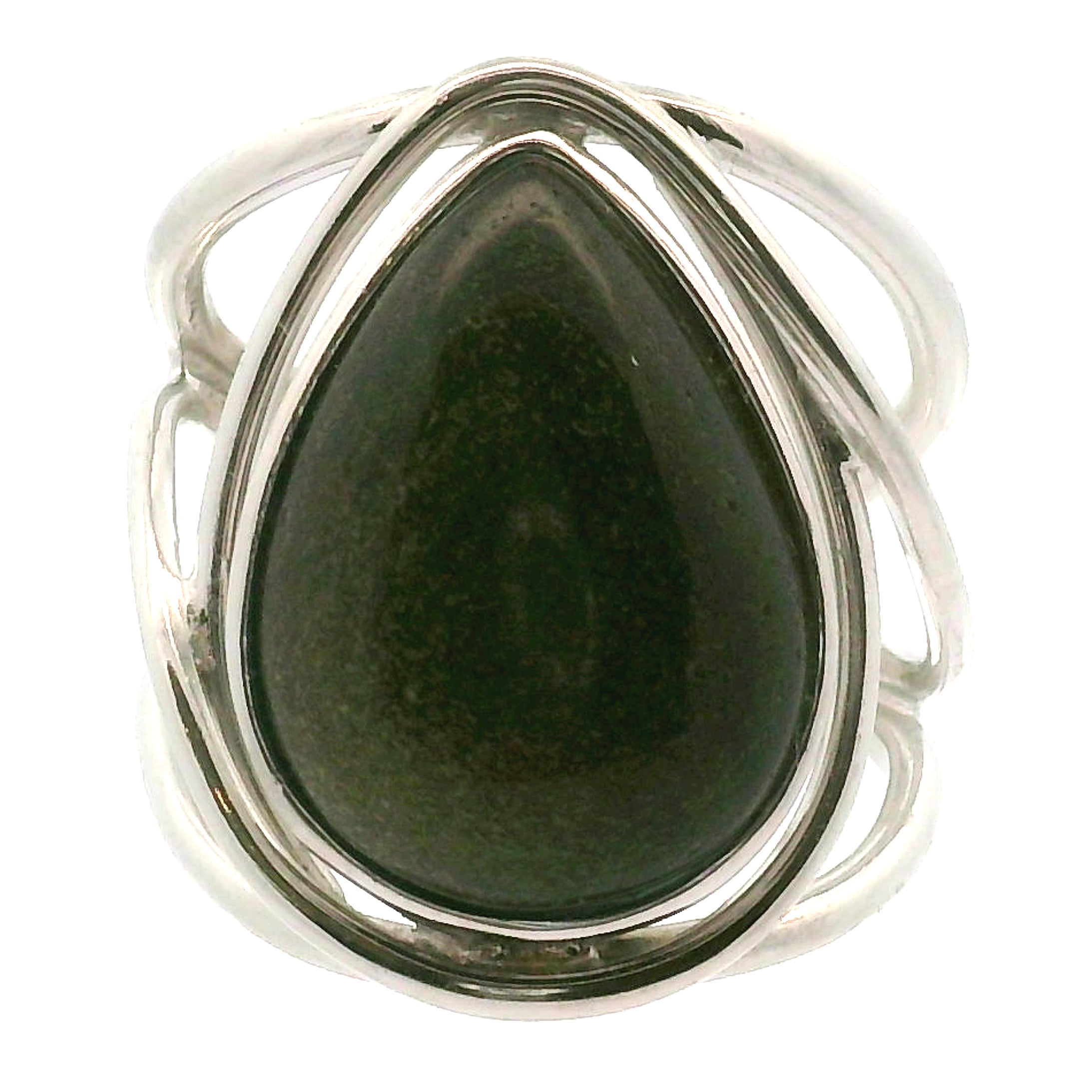 Smooth Obsidian Drop Cuff Ring .925 Silver for Shadow Work and Grounding