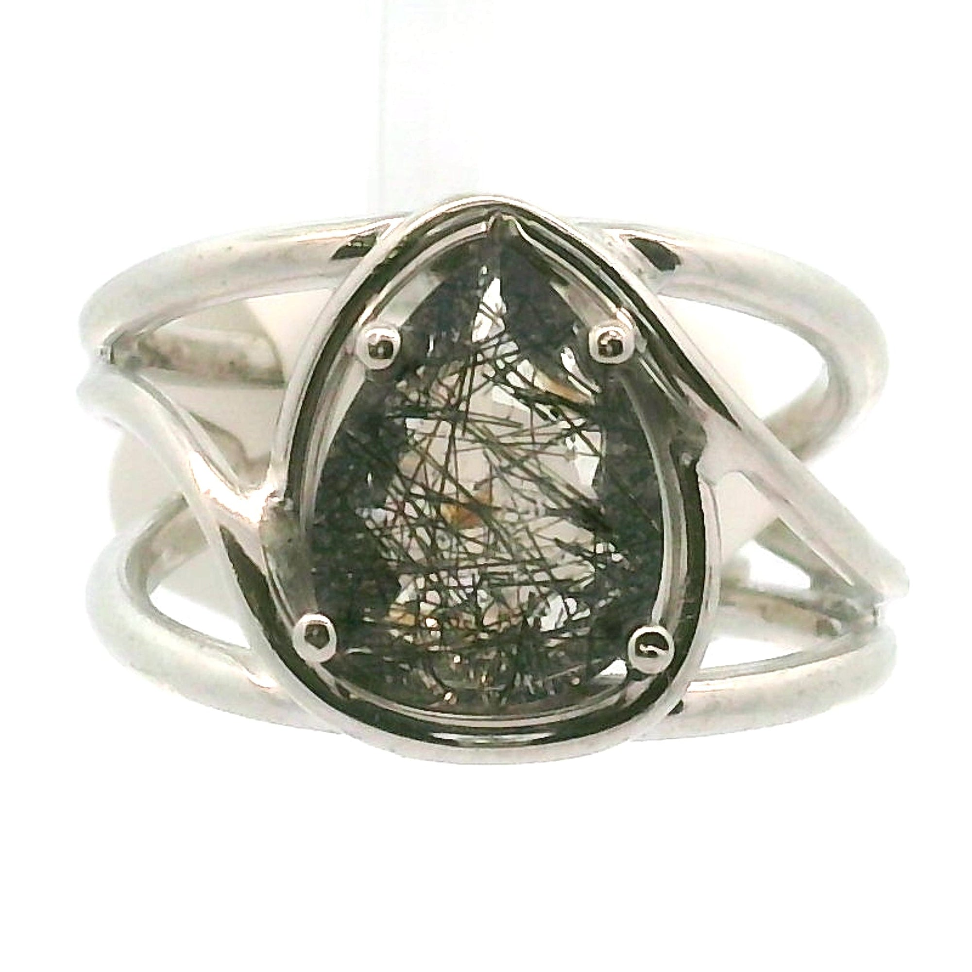 Black Rutilated Quartz Cuff Ring.925 Silver for Amplification and Protection
