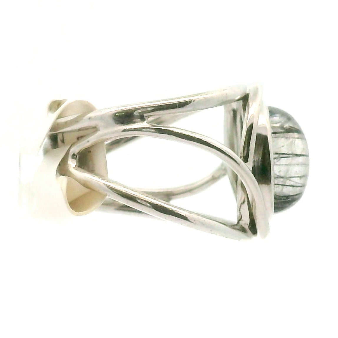 Black Tourmaline in Quartz Midi Cuff Ring .925 Sterling Silver for Powerful Protection and Aura Cleansing