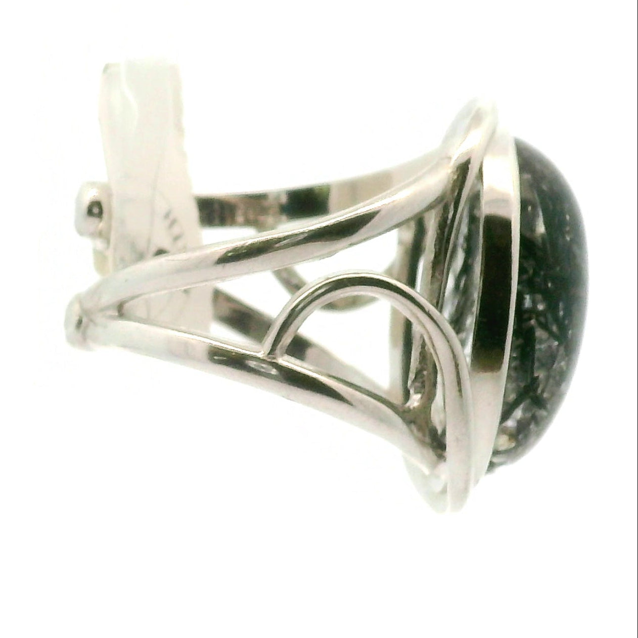 Black Tourmaline in Quartz Cuff Ring .925 Sterling Silver for Powerful Protection and Aura Cleansing