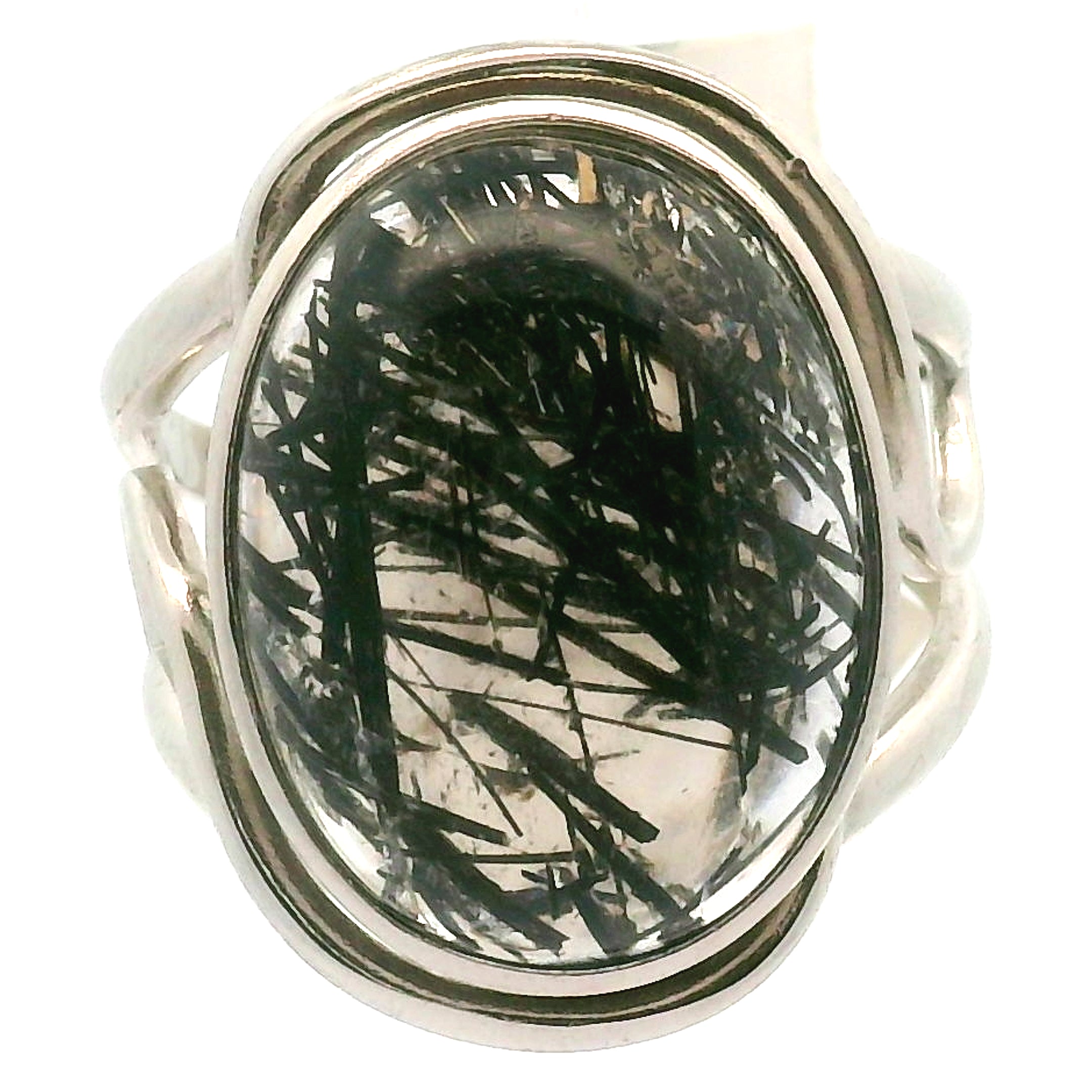 Black Tourmaline in Quartz Cuff Ring .925 Sterling Silver for Powerful Protection and Aura Cleansing