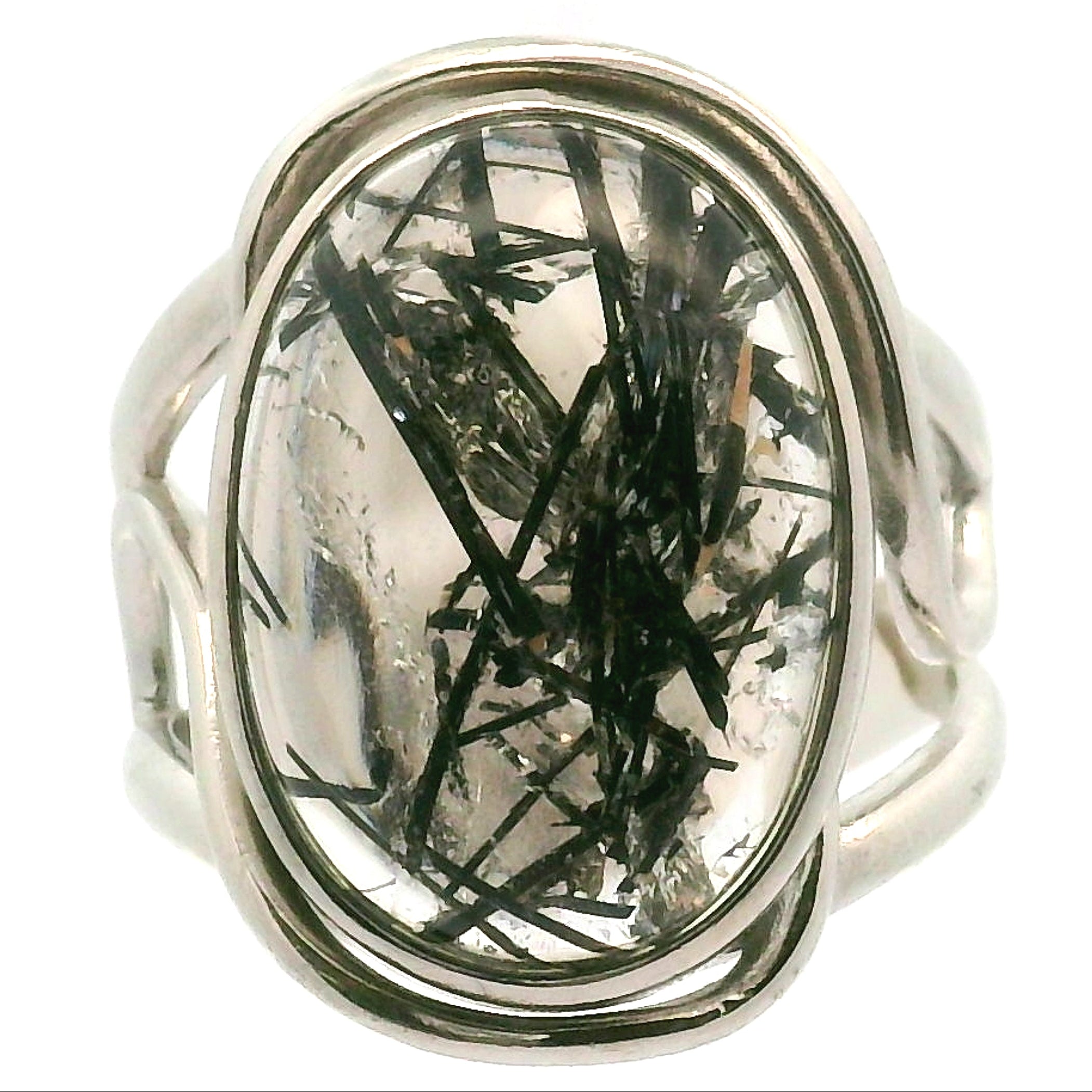 Black Tourmaline in Quartz Cuff Ring .925 Sterling Silver for Powerful Protection and Aura Cleansing