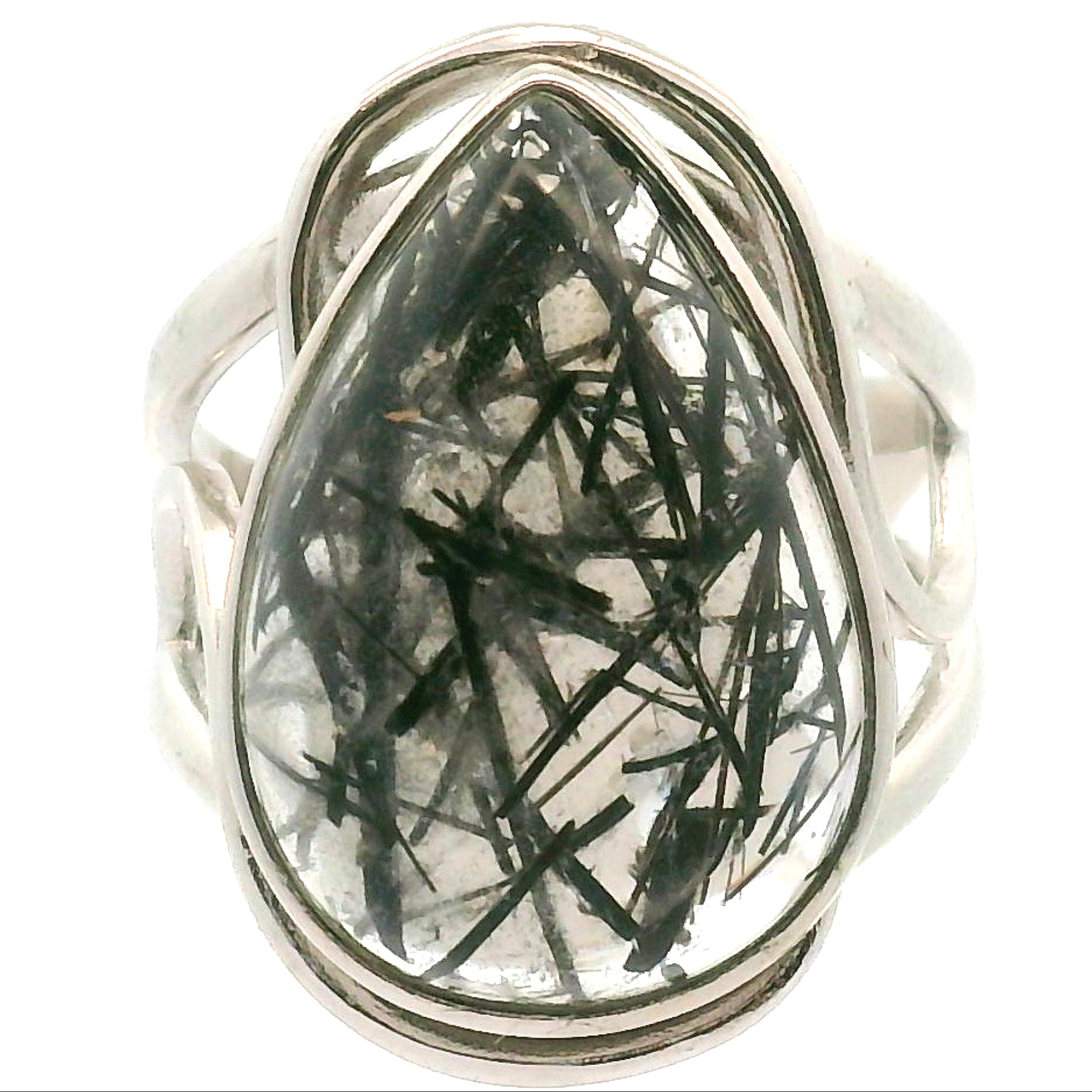 Black Tourmaline in Quartz Cuff Ring .925 Sterling Silver for Powerful Protection and Aura Cleansing