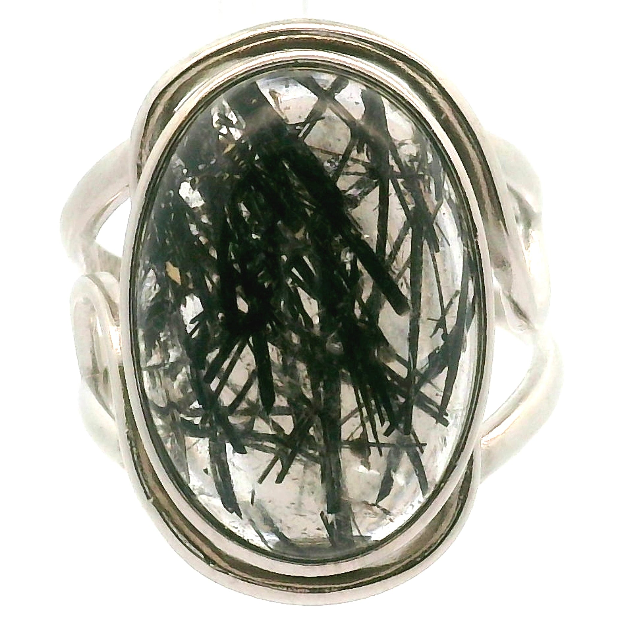 Black Tourmaline in Quartz Cuff Ring .925 Sterling Silver for Powerful Protection and Aura Cleansing