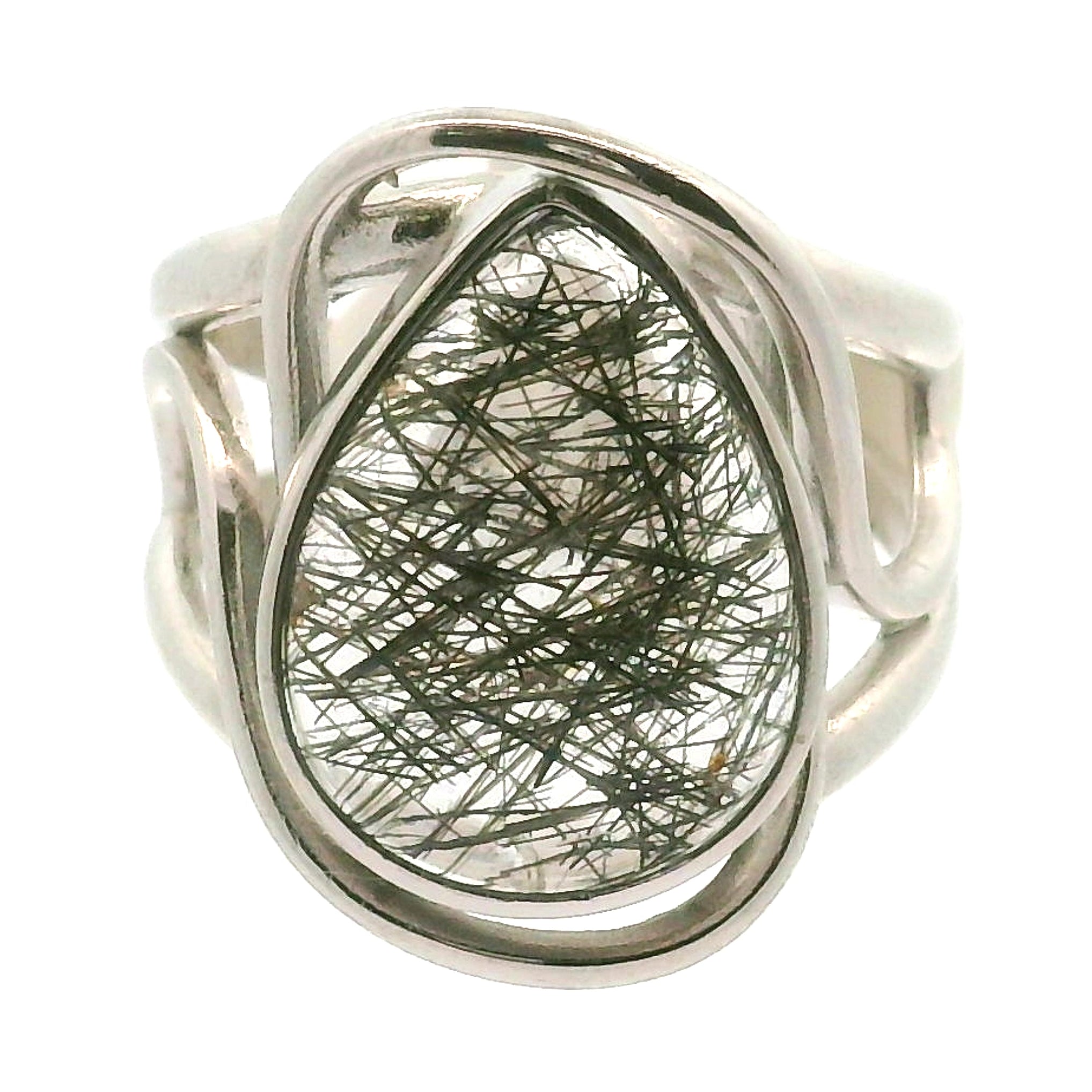 Black Tourmaline in Quartz Cuff Ring .925 Sterling Silver for Powerful Protection and Aura Cleansing