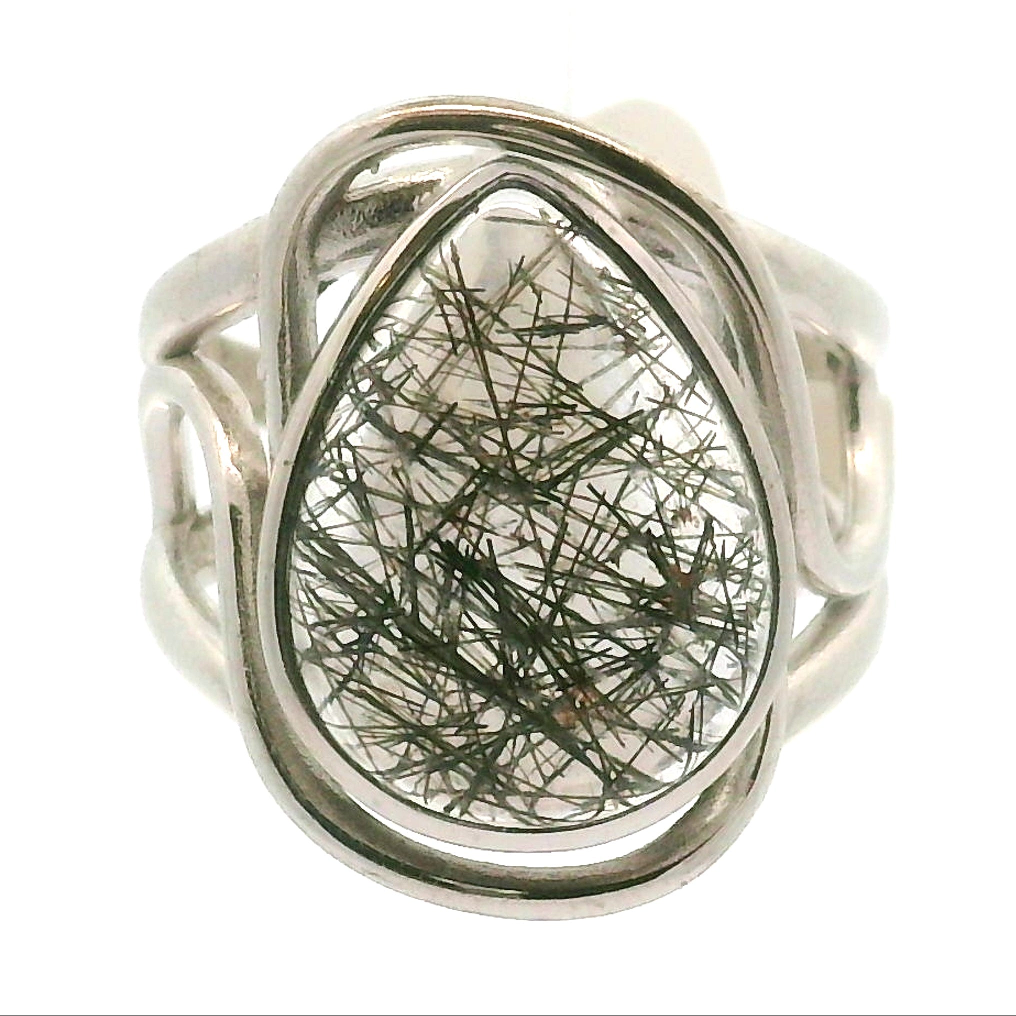 Black Tourmaline in Quartz Cuff Ring .925 Sterling Silver for Powerful Protection and Aura Cleansing
