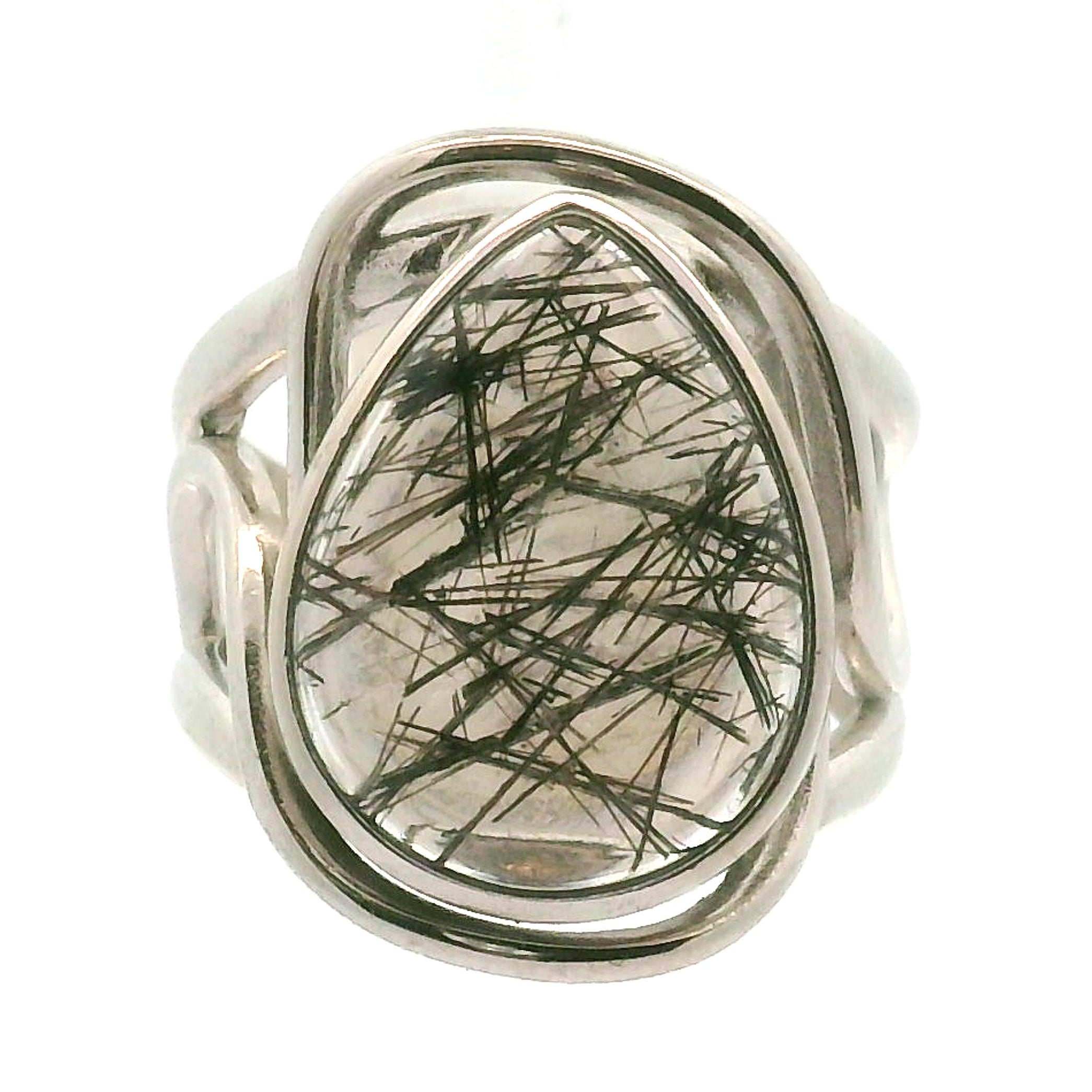 Black Tourmaline in Quartz Cuff Ring .925 Sterling Silver for Powerful Protection and Aura Cleansing