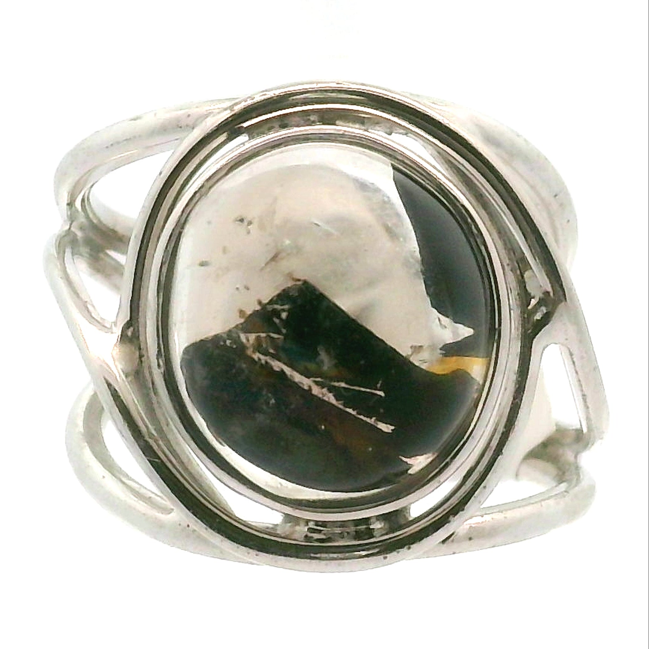 Hematite in Quartz Cuff Ring .925 Sterling Silver for Confidence, Vitality and Grounding