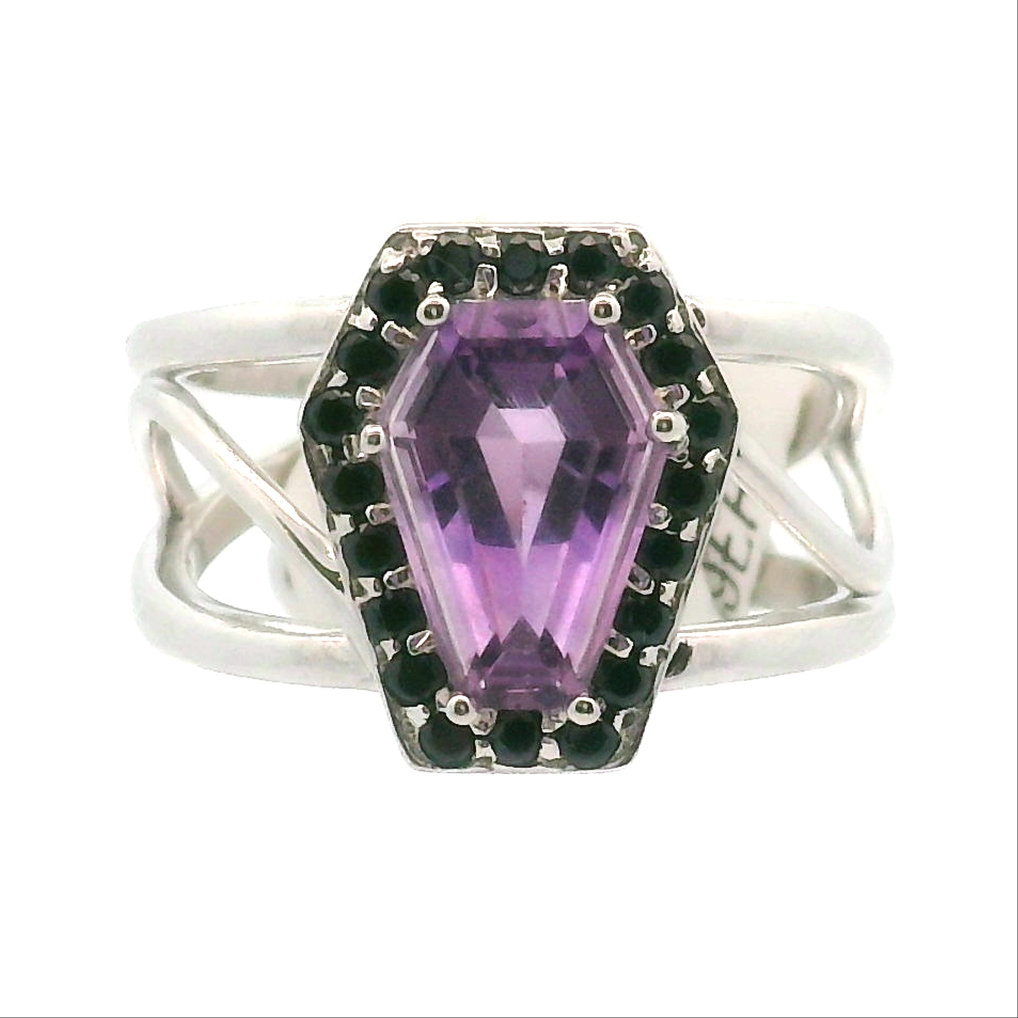 Amethyst with Black Spinel Pavé Coffin Cuff Ring .925 Silver for Intuition, Clarity and Spiritual Protection