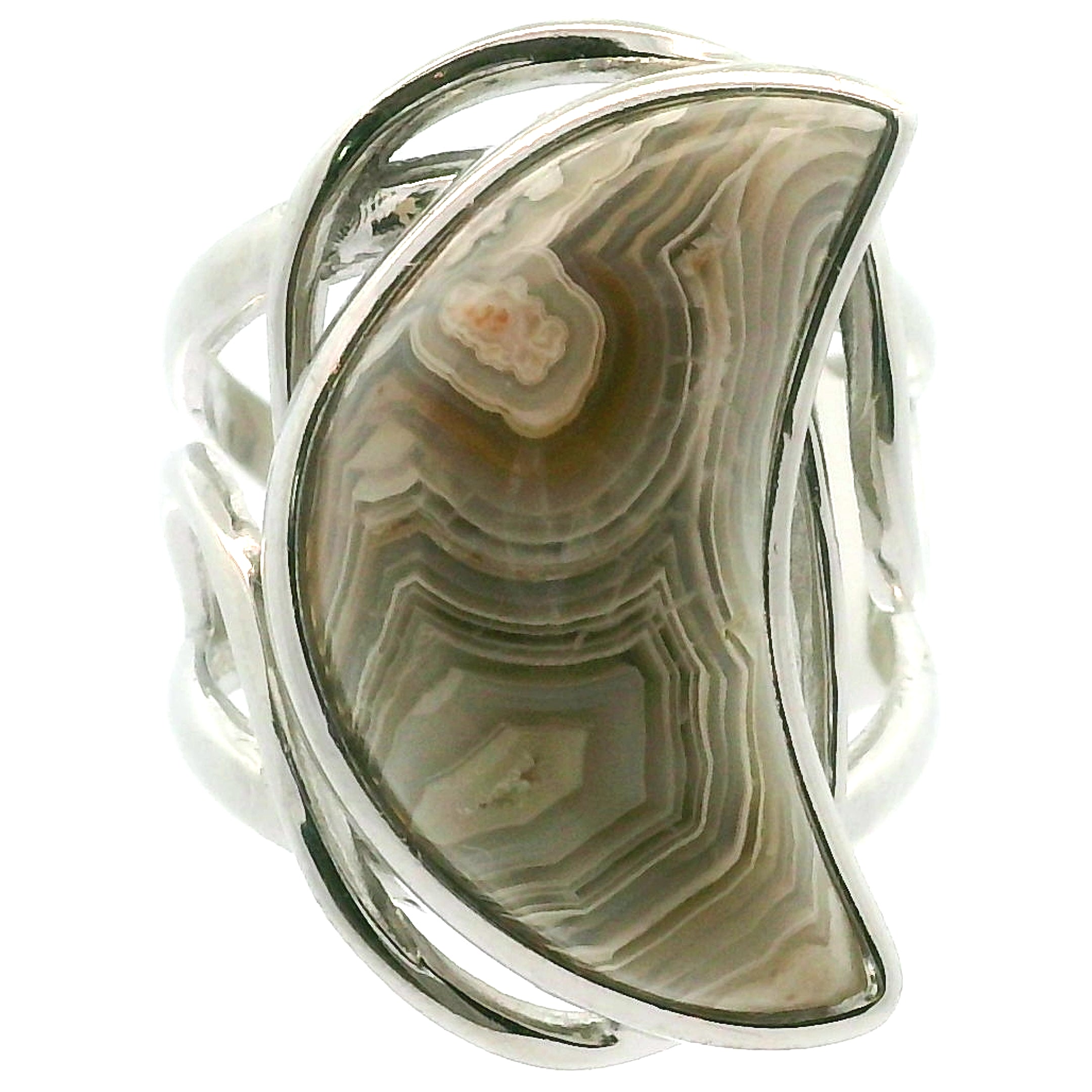 Grey Crazy Lace Agate Moon Cuff Ring in .925 Silver for Promoting Creativity, Hope, New Ideas & Positivity