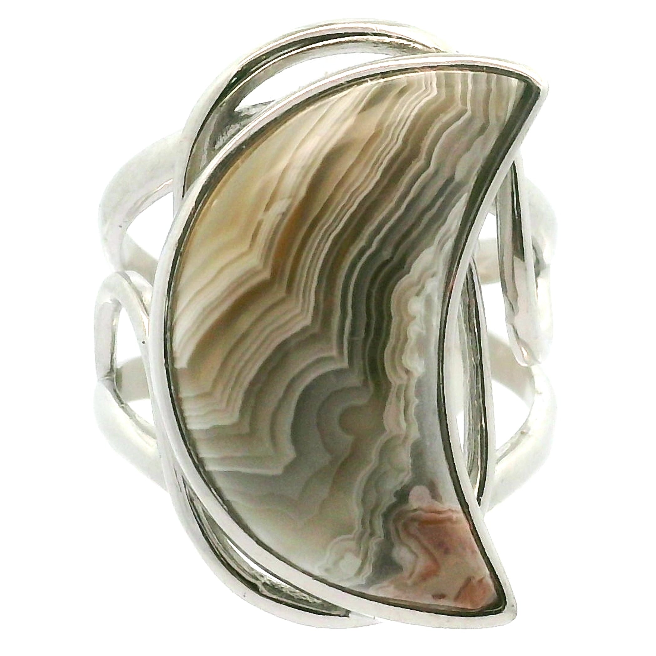 Grey Crazy Lace Agate Moon Cuff Ring in .925 Silver for Promoting Creativity, Hope, New Ideas & Positivity