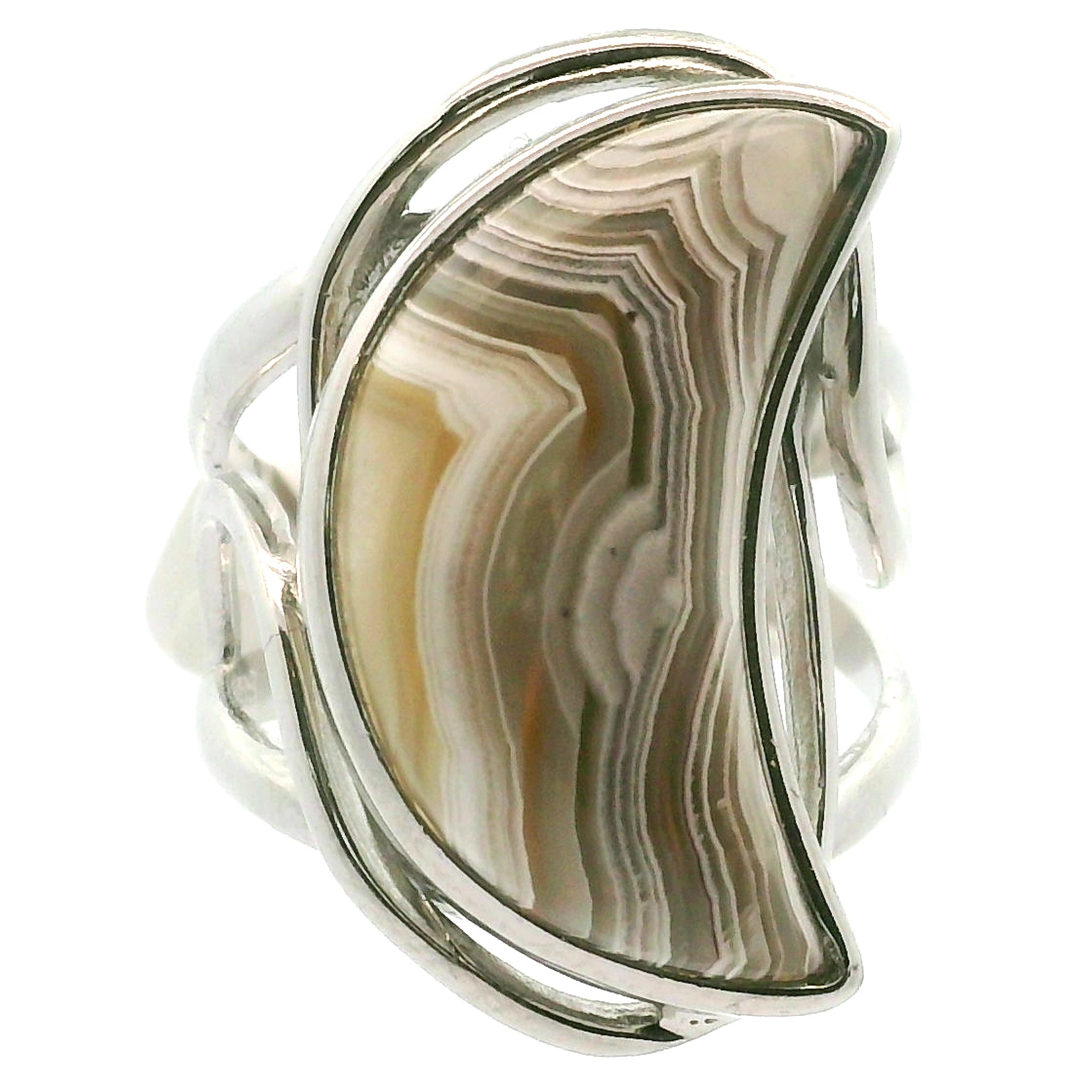Grey Crazy Lace Agate Moon Cuff Ring in .925 Silver for Promoting Creativity, Hope, New Ideas & Positivity
