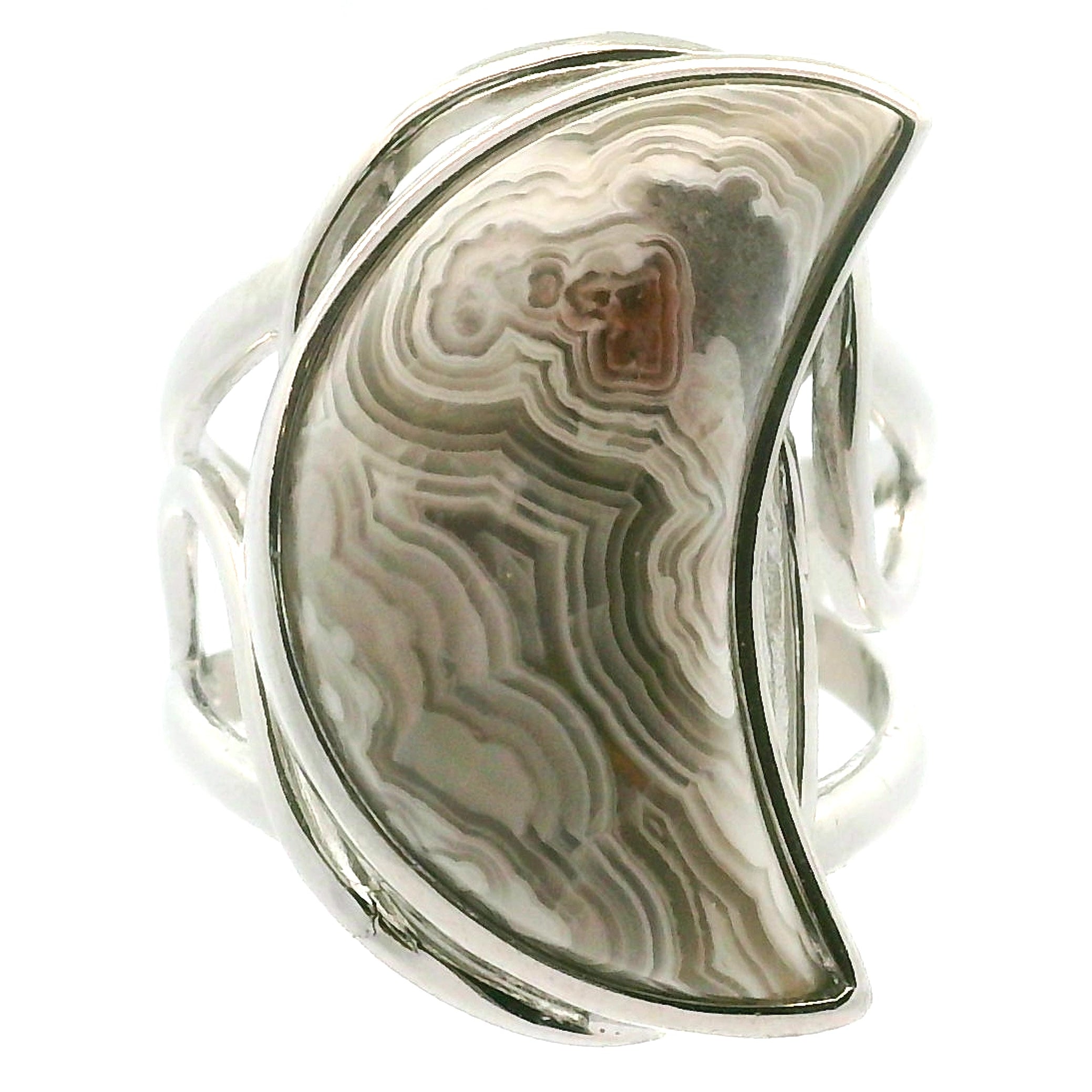 Grey Crazy Lace Agate Moon Cuff Ring in .925 Silver for Promoting Creativity, Hope, New Ideas & Positivity