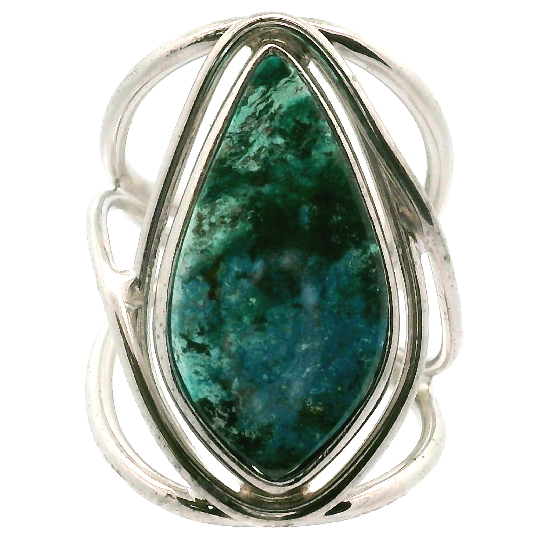 Acicular Shattuckite with Dioptase Cuff Ring, Adjustable Ring .925 Silver for Truthful Communication and Soul-Level Healing