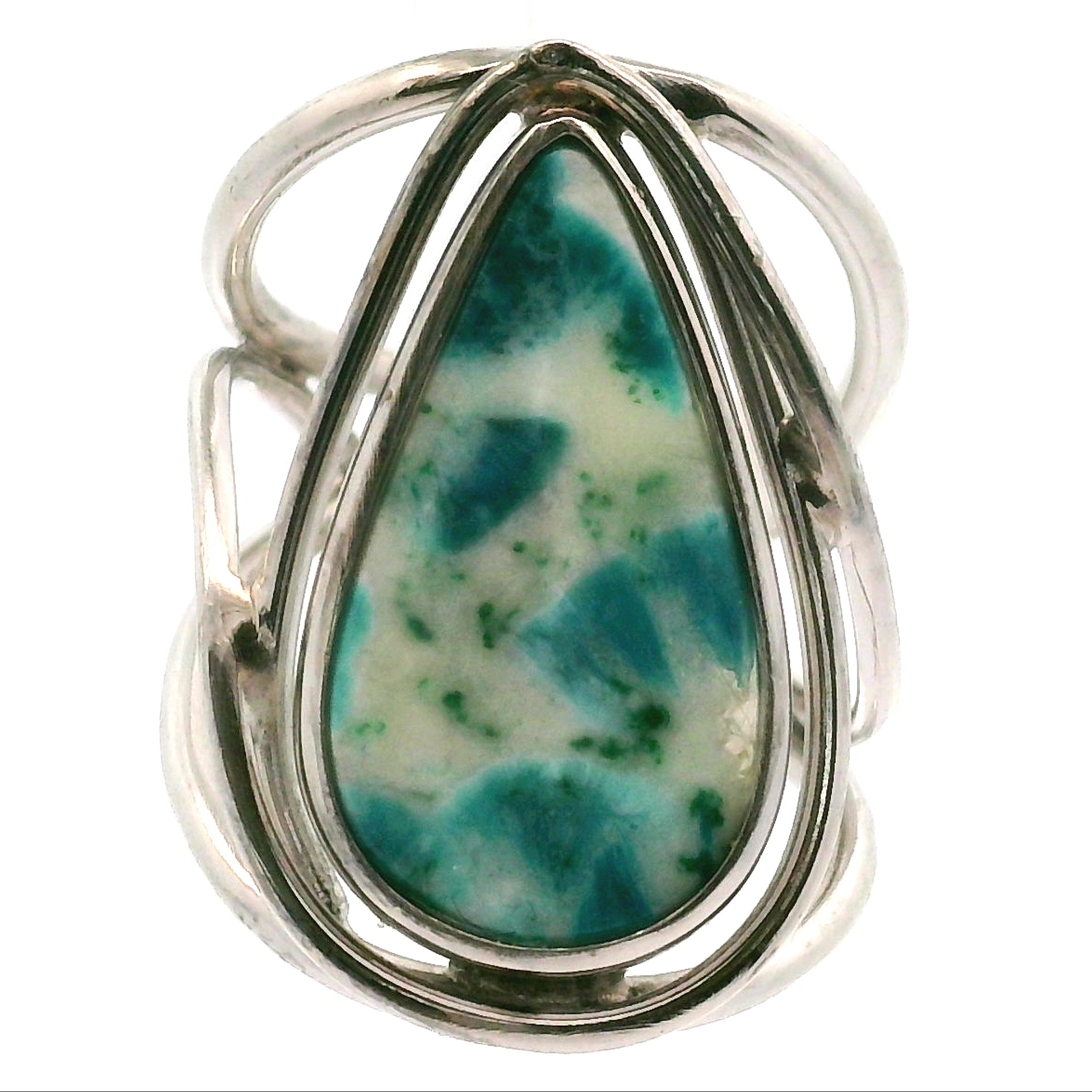 Acicular Shattuckite with Dioptase Cuff Ring, Adjustable Ring .925 Silver for Truthful Communication and Soul-Level Healing