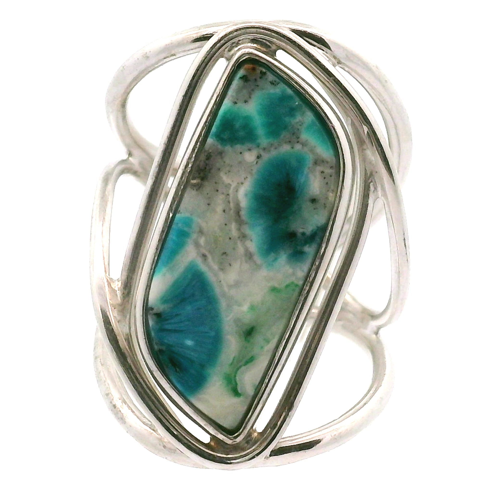 Acicular Shattuckite with Dioptase Cuff Ring, Adjustable Ring .925 Silver for Truthful Communication and Soul-Level Healing