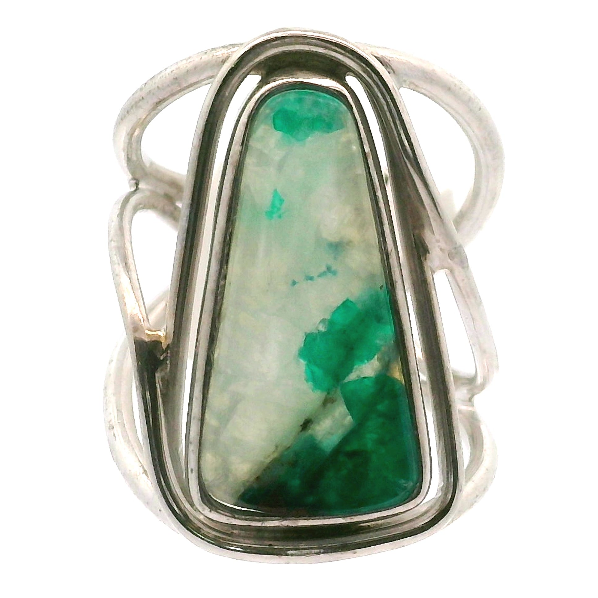 Acicular Shattuckite with Dioptase Cuff Ring, Adjustable Ring .925 Silver for Truthful Communication and Soul-Level Healing