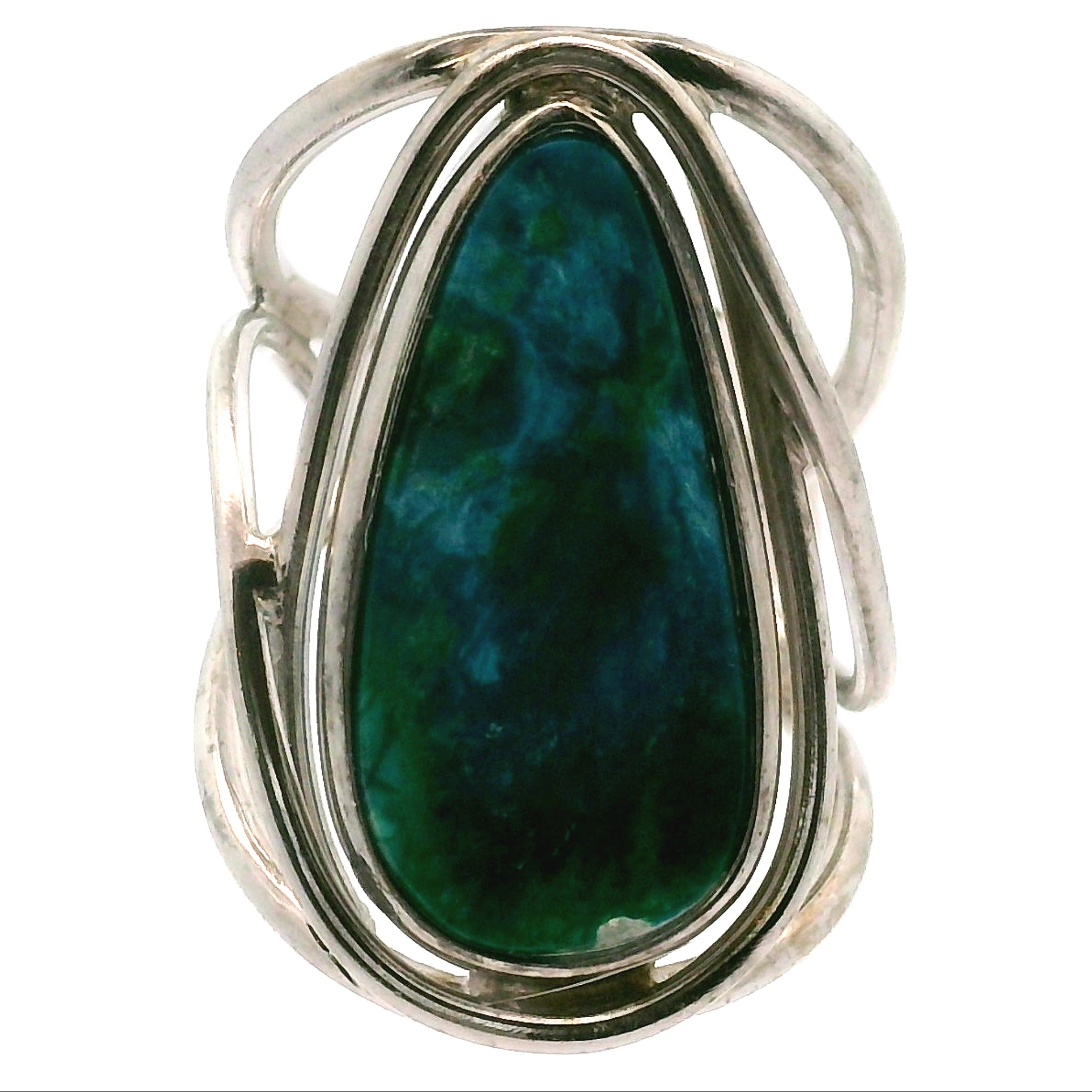 Acicular Shattuckite with Dioptase Cuff Ring, Adjustable Ring .925 Silver for Truthful Communication and Soul-Level Healing