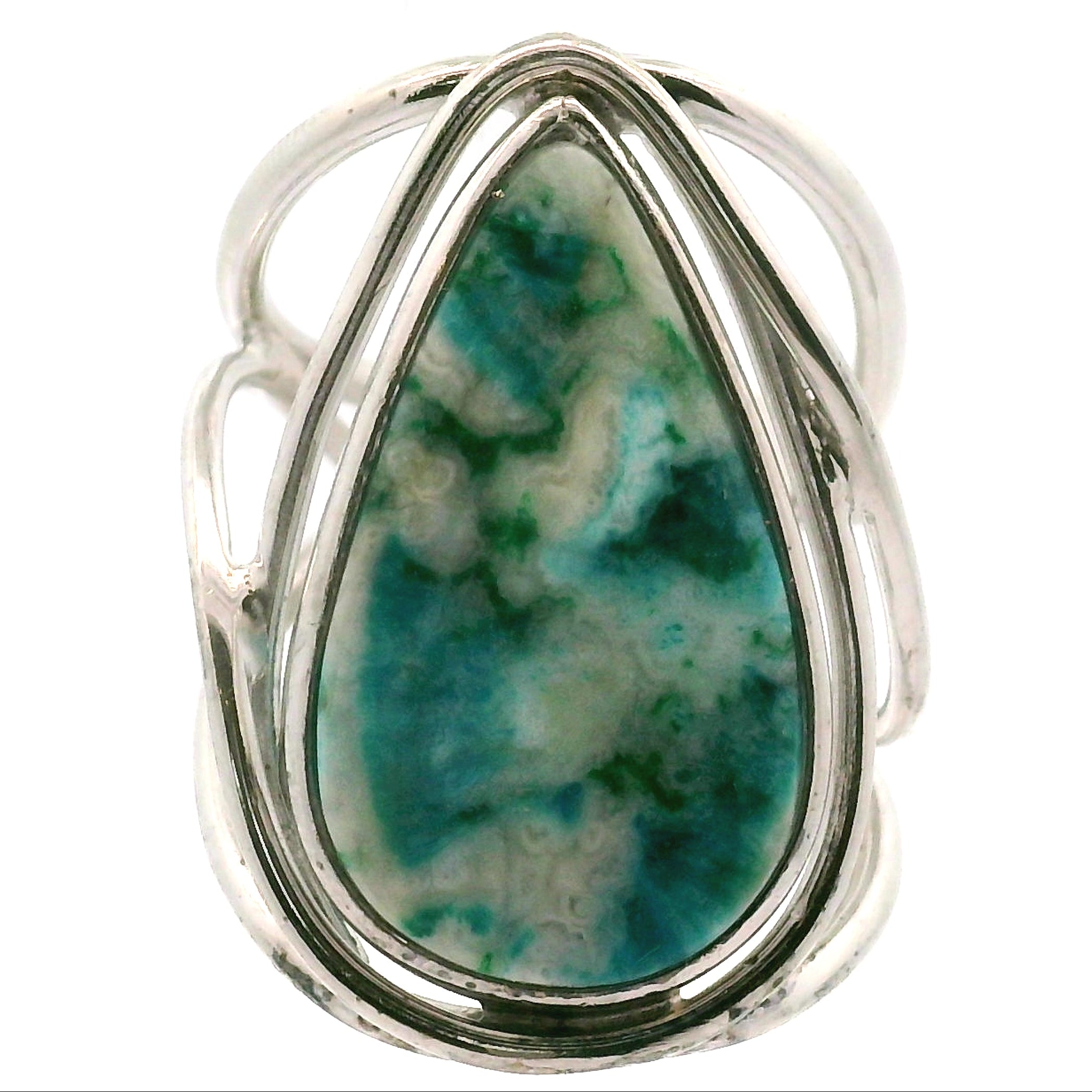 Acicular Shattuckite with Dioptase Cuff Ring, Adjustable Ring .925 Silver for Truthful Communication and Soul-Level Healing