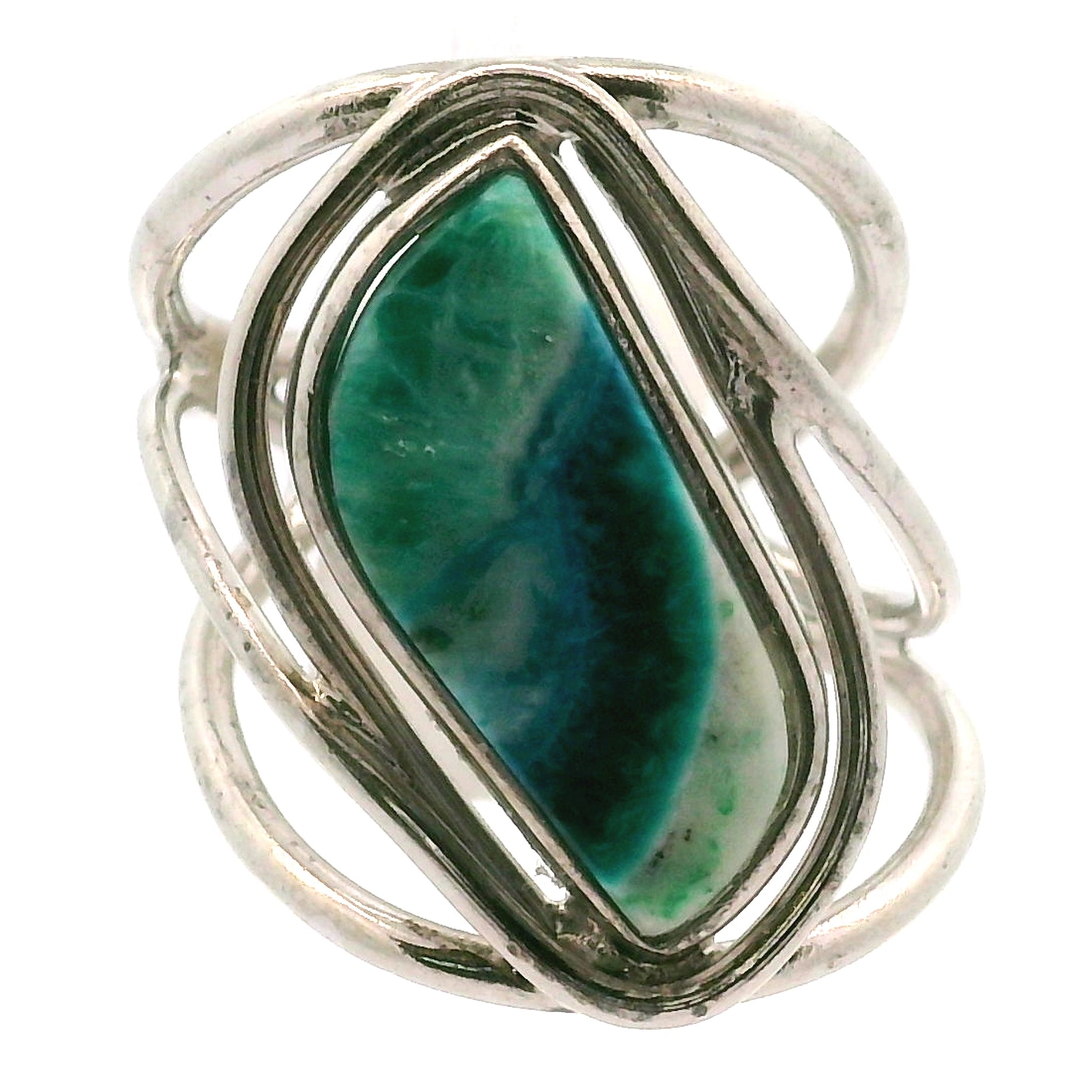 Acicular Shattuckite with Dioptase Cuff Ring, Adjustable Ring .925 Silver for Truthful Communication and Soul-Level Healing