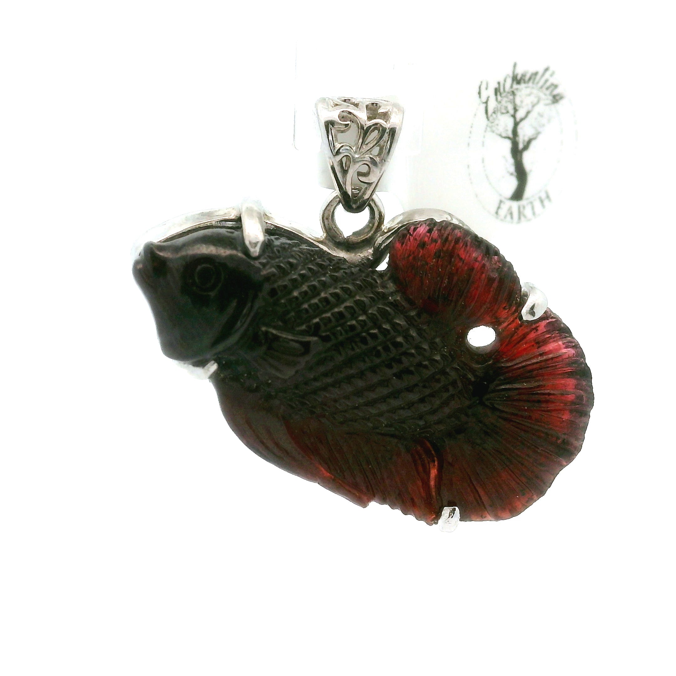 Garnet Carved Fish Pendant .925 Silver for Health, Grounding and Strength