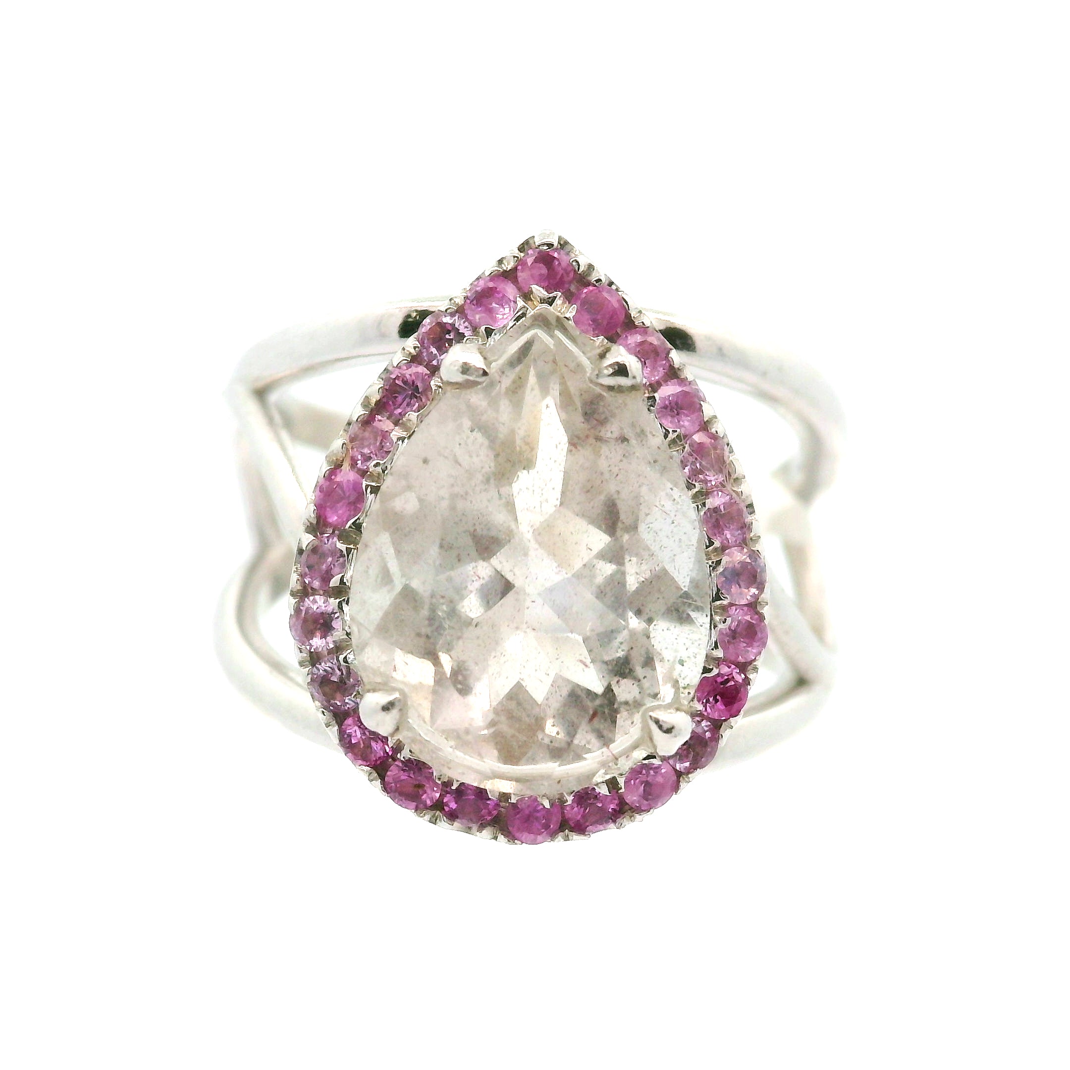 Pink Fire Quartz with Pink Sapphire Pavé Cuff Ring .925 Silver for Psychic Abilities and Grounding