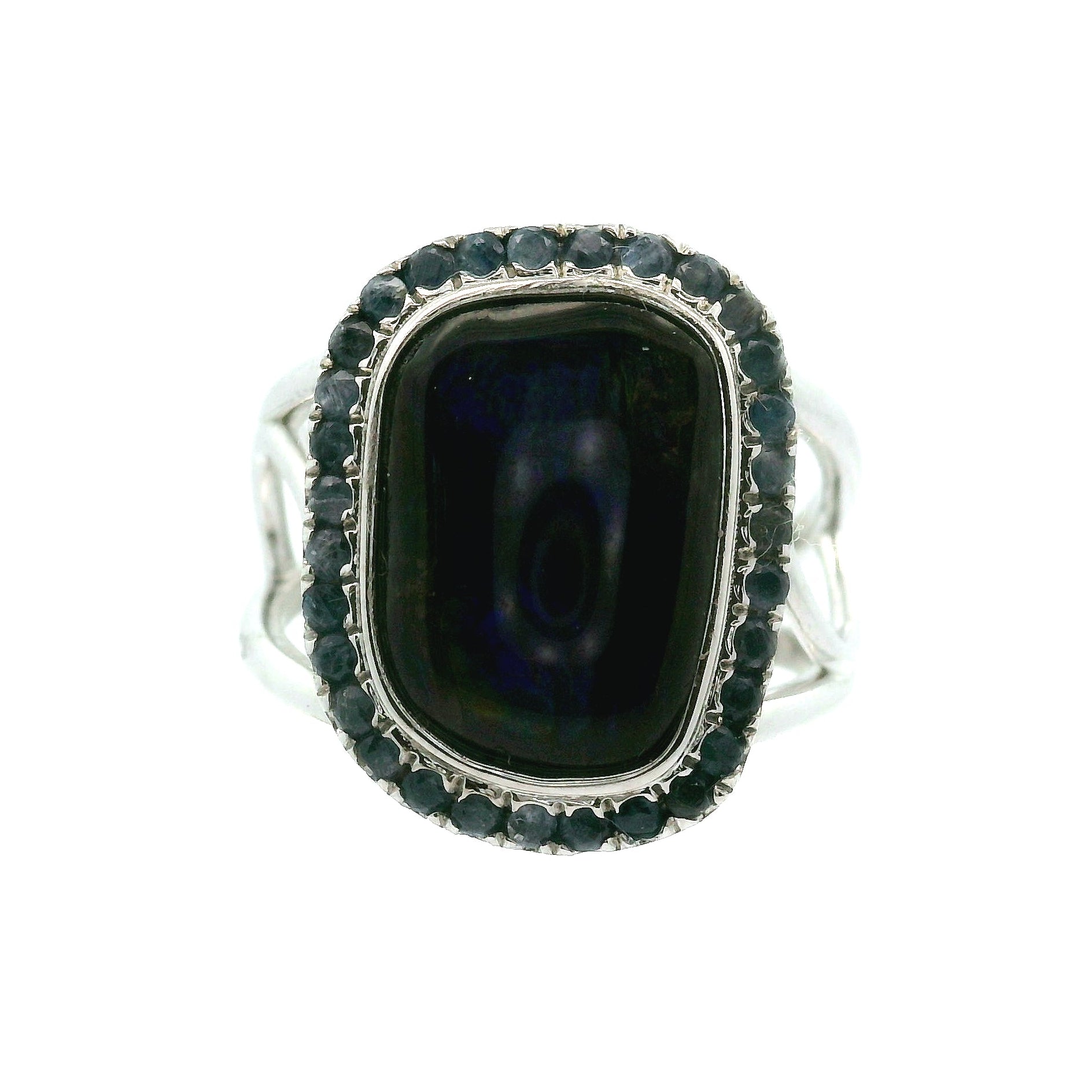 Ammolite with Kyanite Pavé Adjustable Cuff Ring .925 Silver for Transformation and Boosting your Life Force Energy