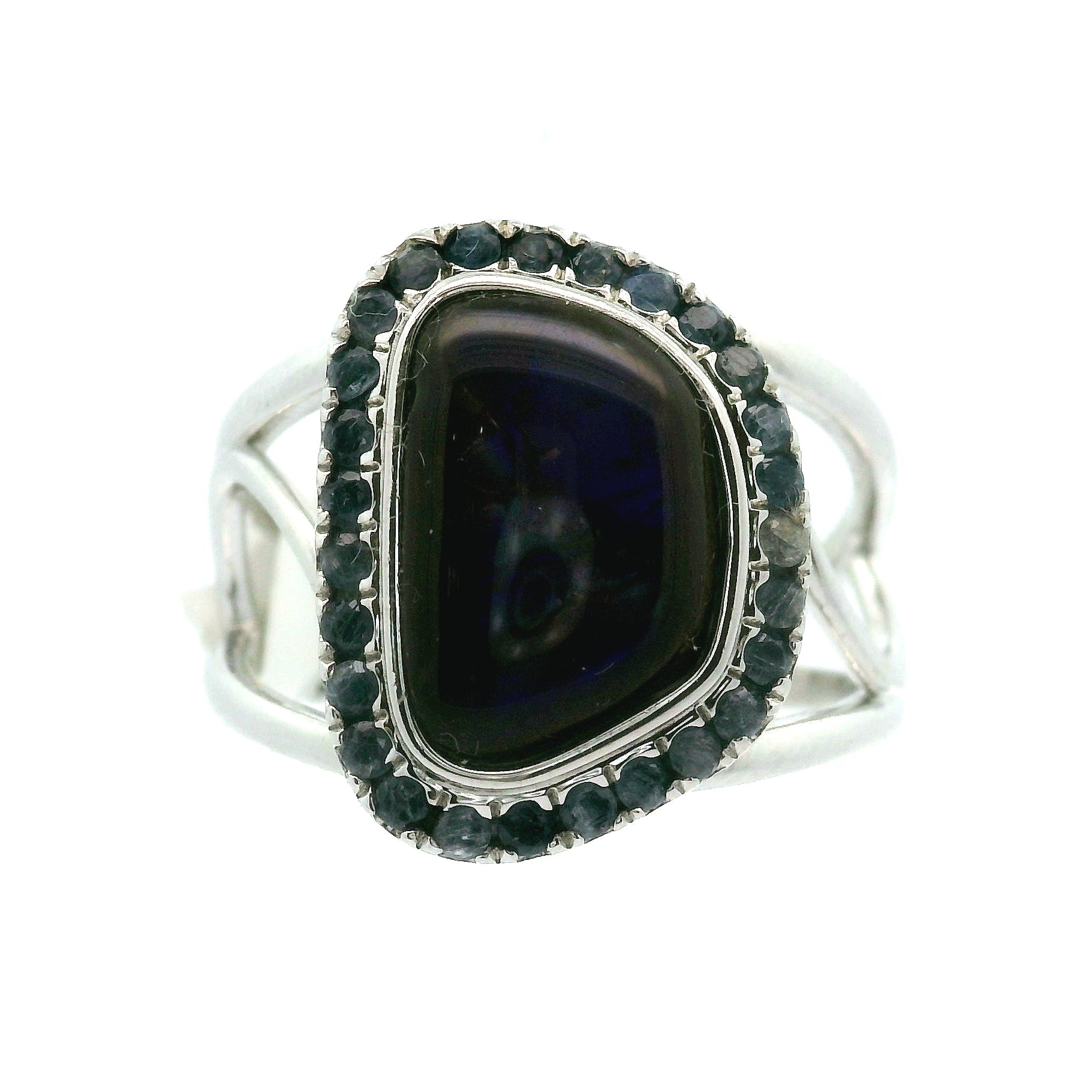 Ammolite with Kyanite Pavé Adjustable Cuff Ring .925 Silver for Transformation and Boosting your Life Force Energy