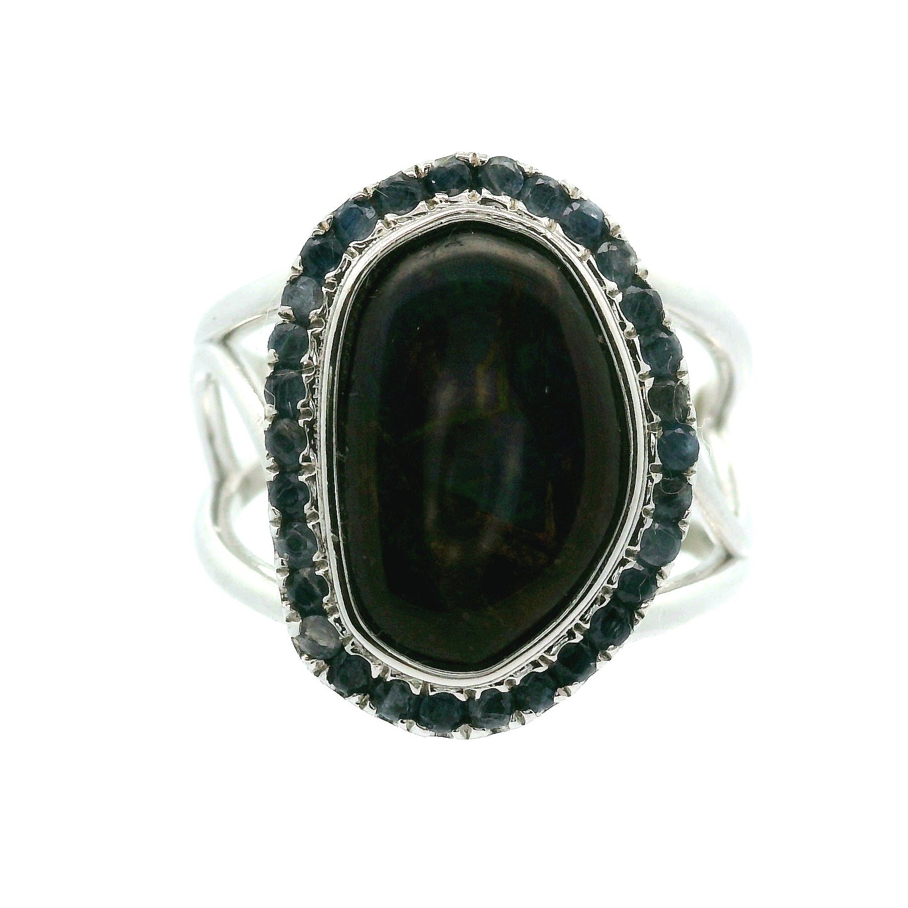 Ammolite with Kyanite Pavé Adjustable Cuff Ring .925 Silver for Transformation and Boosting your Life Force Energy
