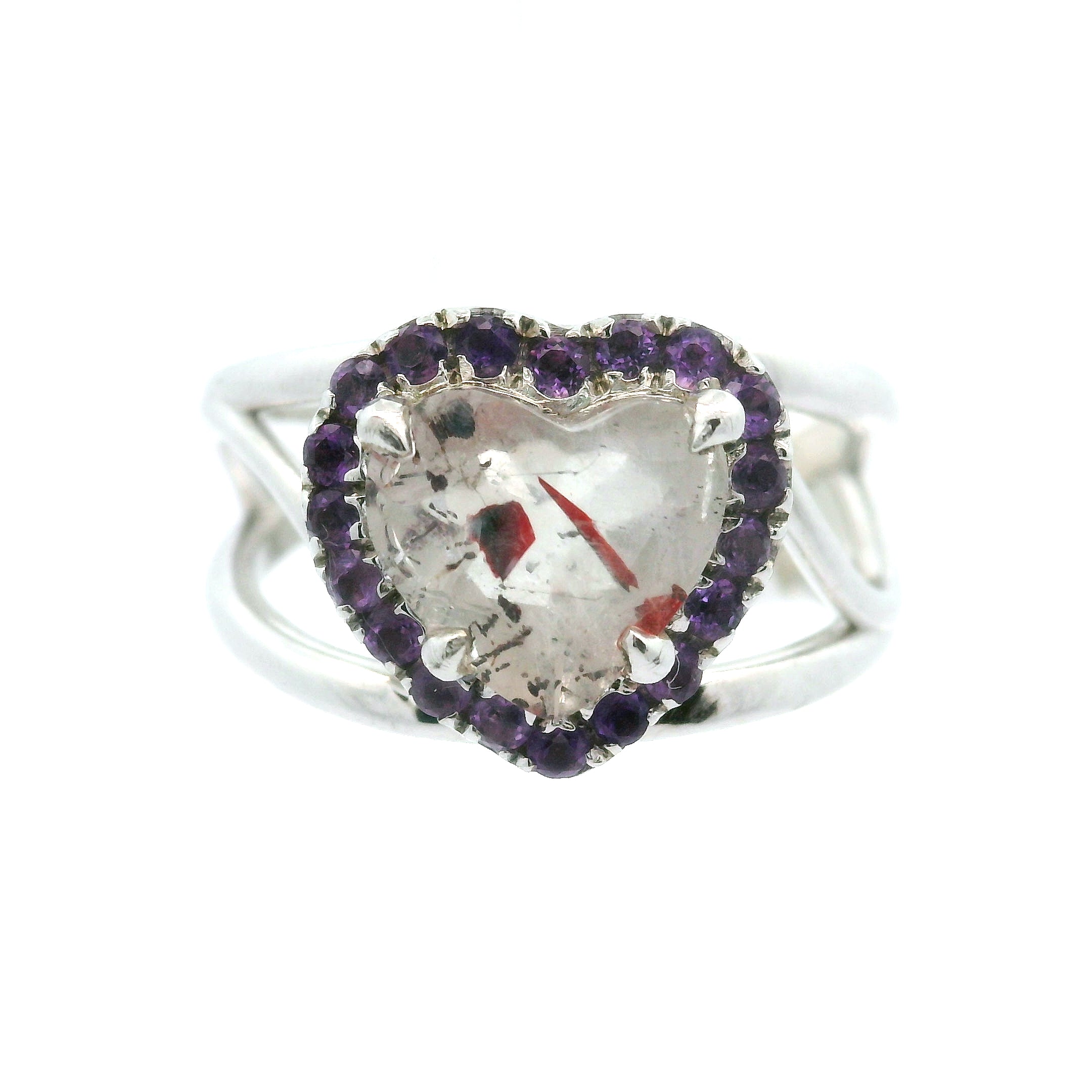 Super 7 Heart with Amethyst Pavé Cuff Ring .925 Silver for Creating Your Dream Life, Clarity and Angelic Guidance