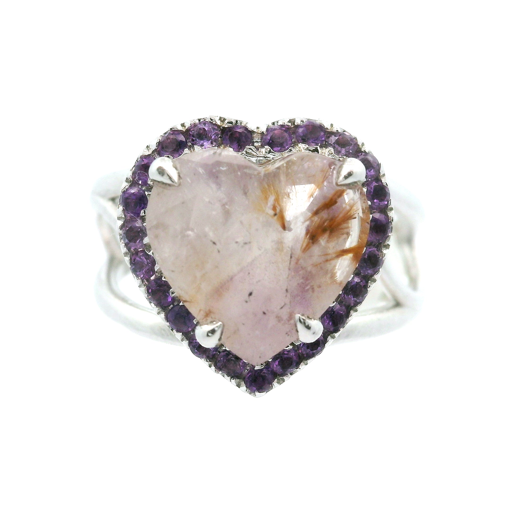 Super 7 Heart with Amethyst Pavé Cuff Ring .925 Silver for Creating Your Dream Life, Clarity and Angelic Guidance