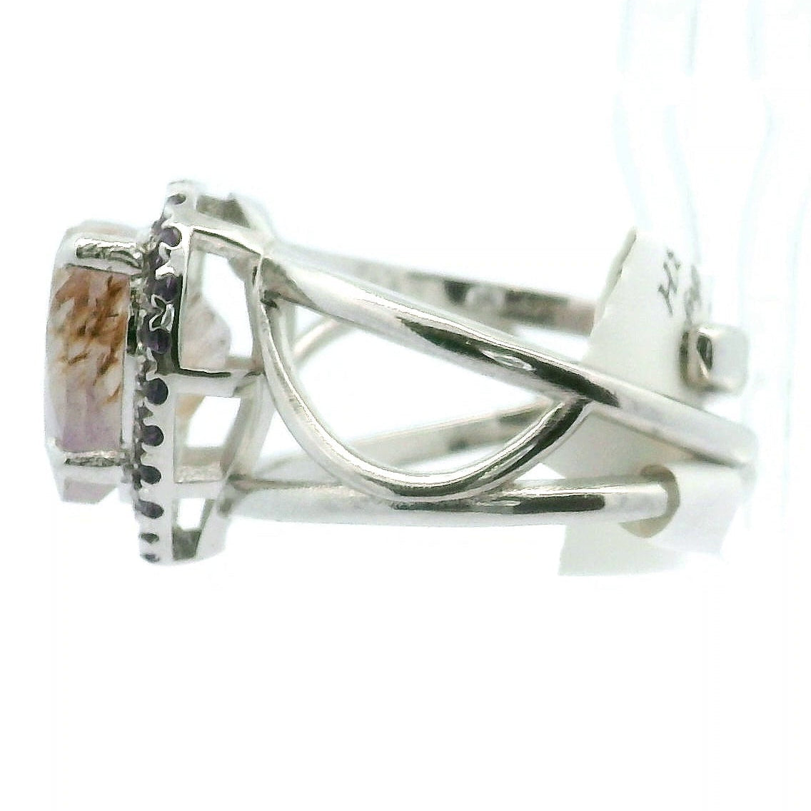 Super 7 Heart with Amethyst Pavé Cuff Ring .925 Silver for Creating Your Dream Life, Clarity and Angelic Guidance
