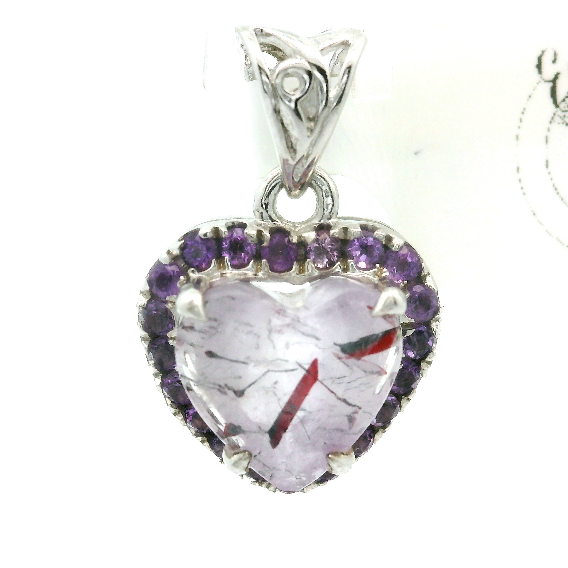 Super 7 Heart with Amethyst Pavé Pendant .925 Silver for Creating Your Dream Life, Clarity and Angelic Guidance