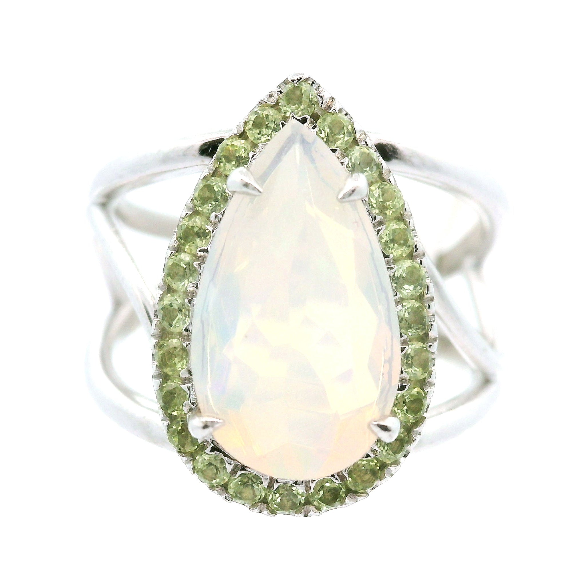 White Precious Opal with Peridot Pavé Cuff Ring .925 Silver for Transformation, Energetic Protection and a Deeper Connection with Nature