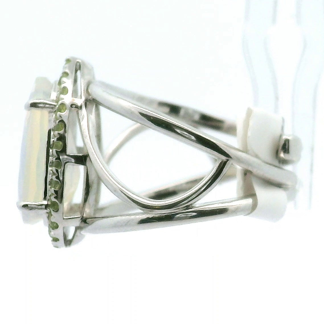 White Precious Opal with Peridot Pavé Cuff Ring .925 Silver for Transformation, Energetic Protection and a Deeper Connection with Nature
