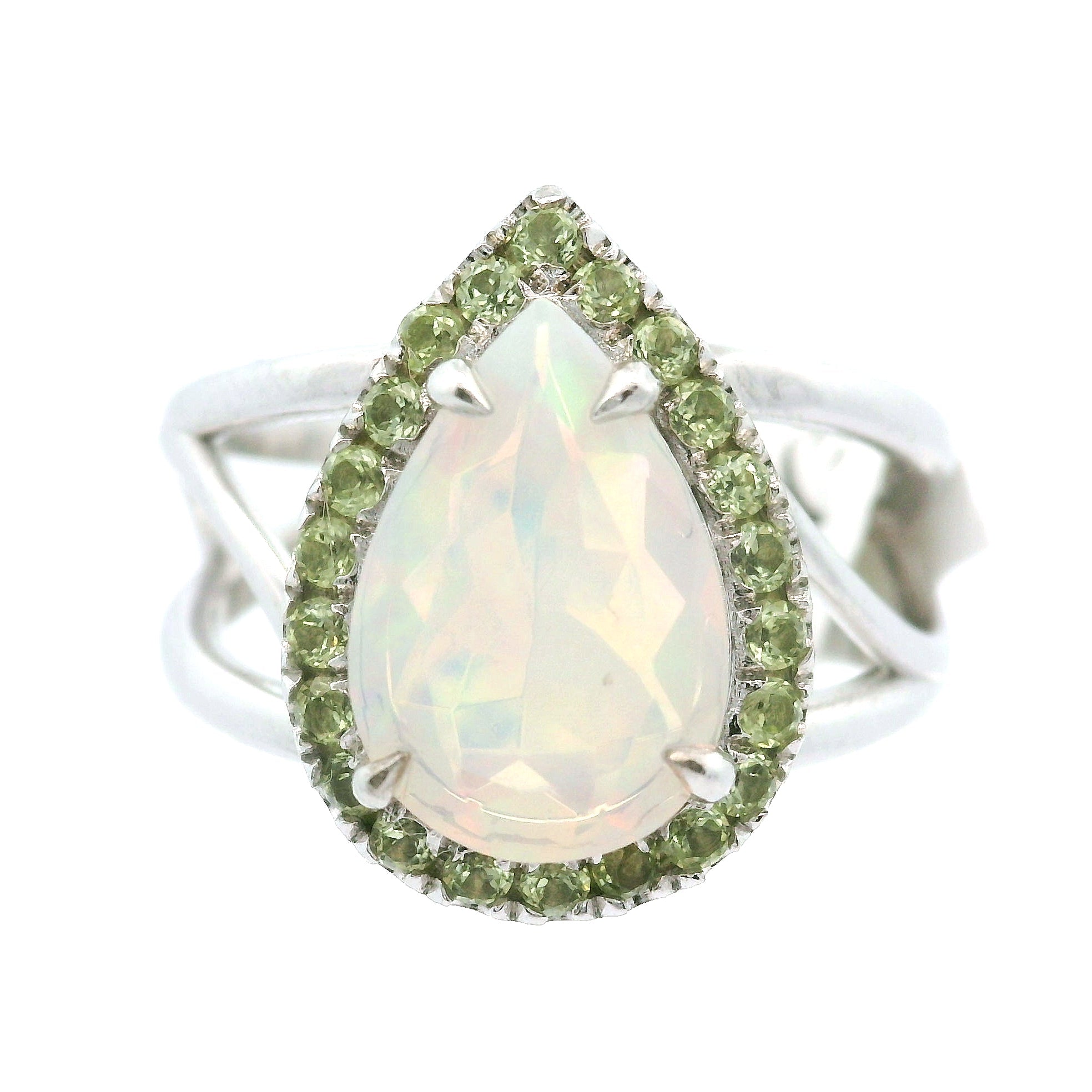 White Precious Opal with Peridot Pavé Cuff Ring .925 Silver for Transformation, Energetic Protection and a Deeper Connection with Nature