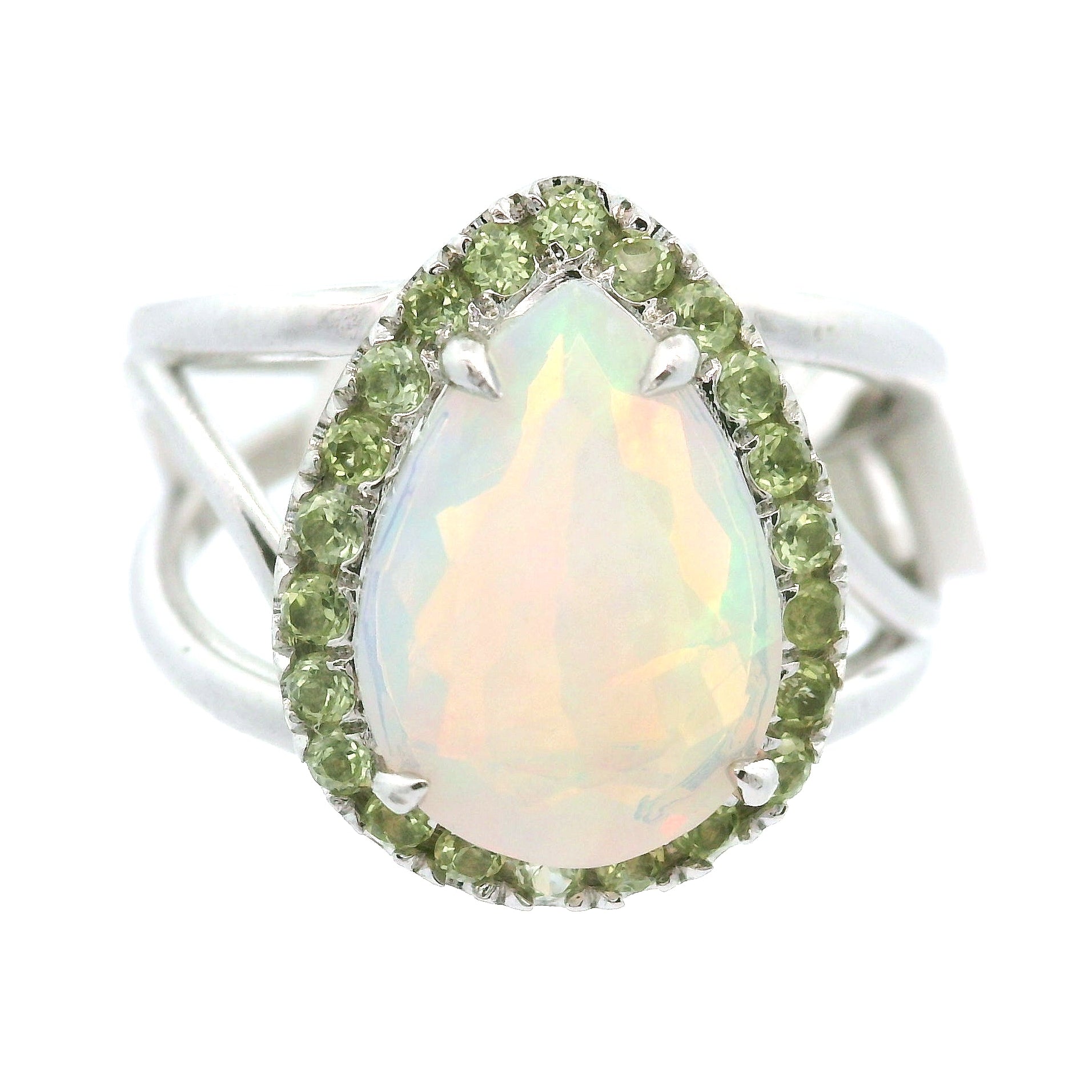 White Precious Opal with Peridot Pavé Cuff Ring .925 Silver for Transformation, Energetic Protection and a Deeper Connection with Nature