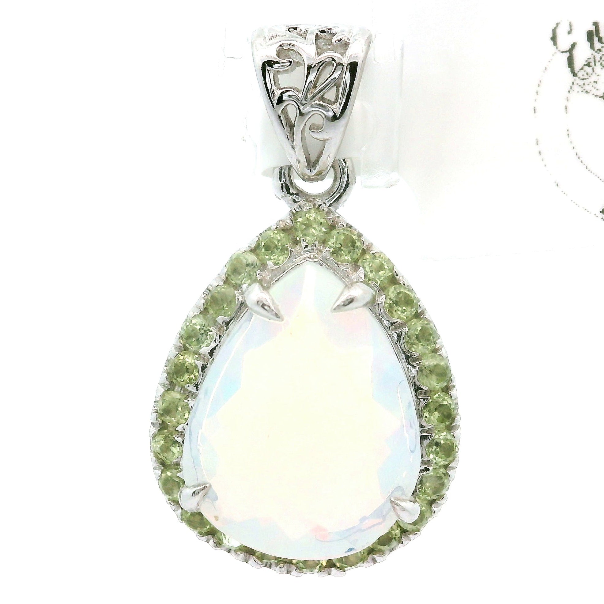 White Precious Opal with Peridot Pavé Pendant .925 Silver for Transformation, Energetic Protection and a Deeper Connection with Nature