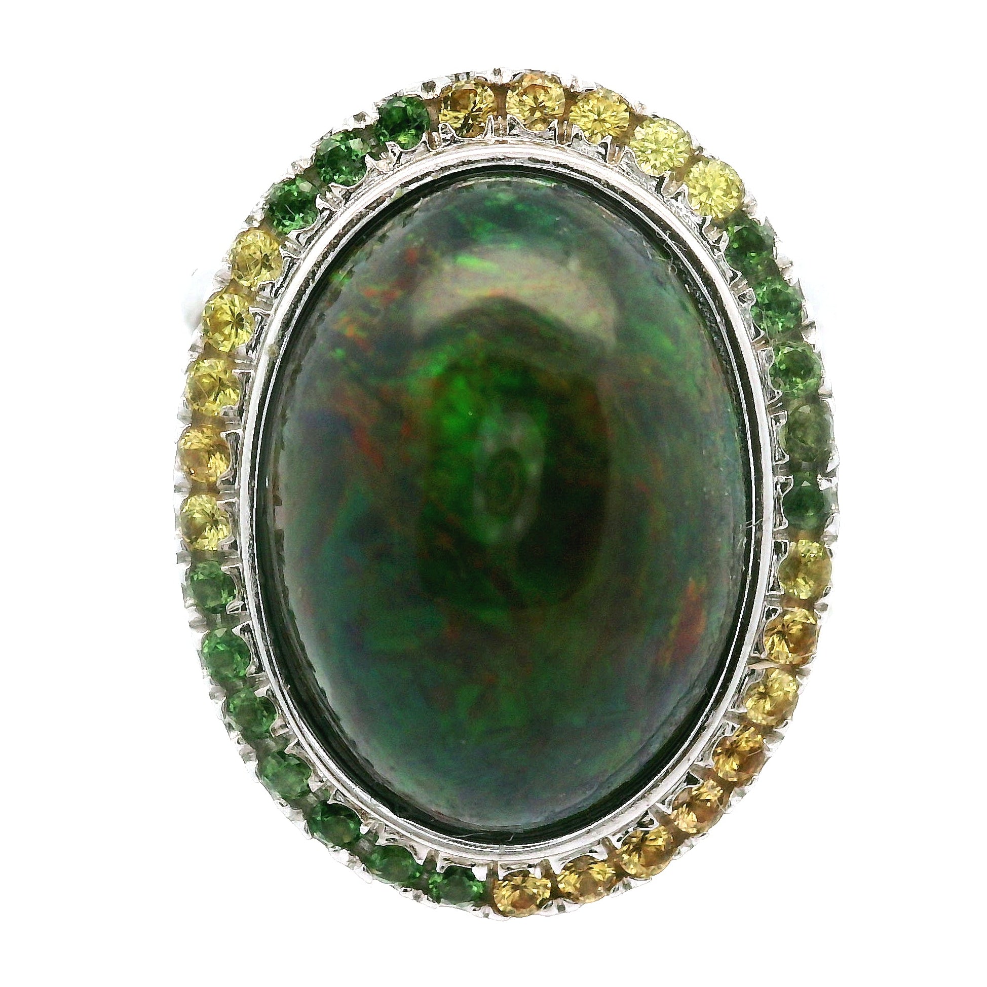 Black Opal with Yellow Sapphire, Chrome Diopside, and Garnet Pavé Cuff Ring .925 Silver for Psychic Abilities, Breakthroughs and Grounding
