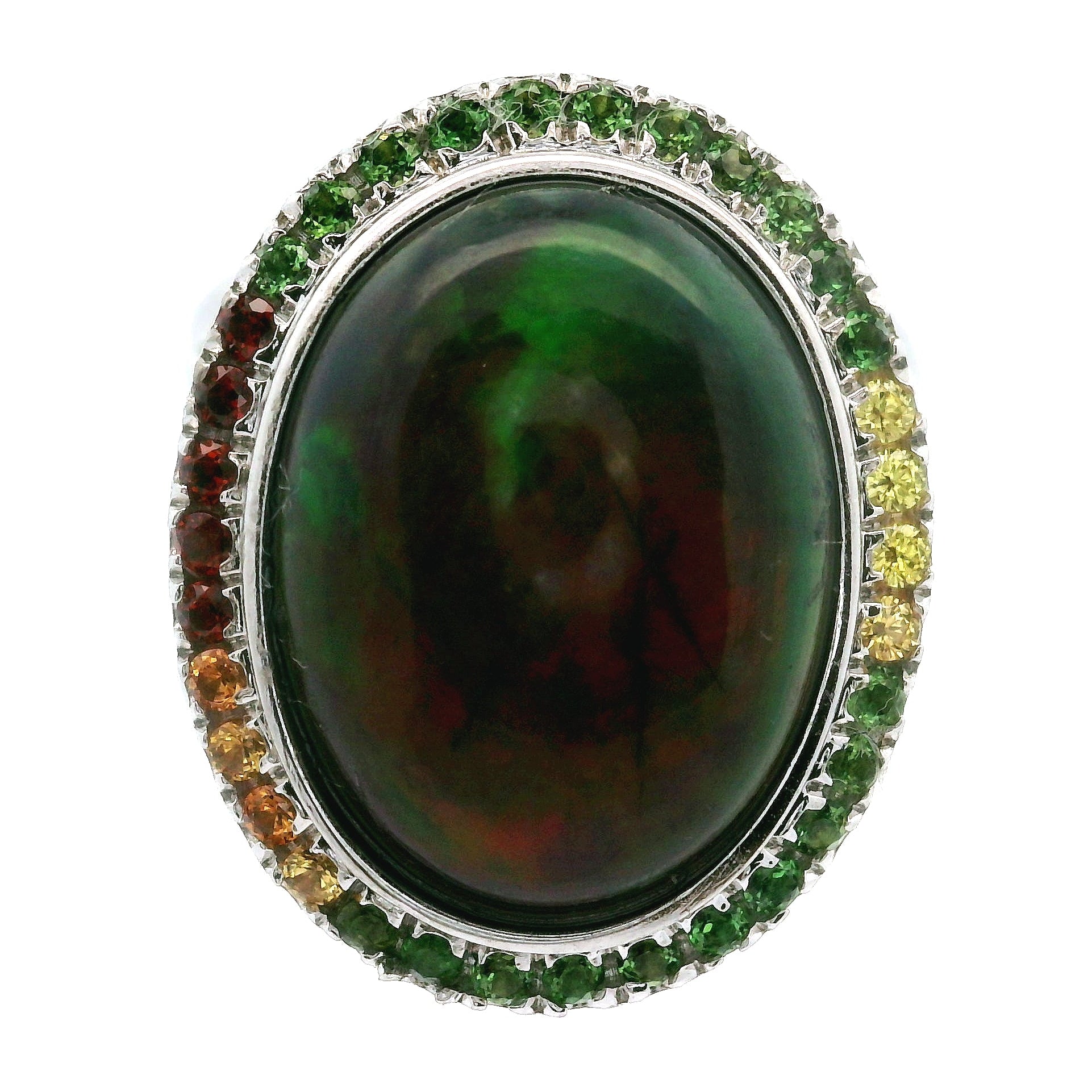 Black Opal with Yellow Sapphire, Chrome Diopside, and Garnet Pavé Cuff Ring .925 Silver for Psychic Abilities, Breakthroughs and Grounding
