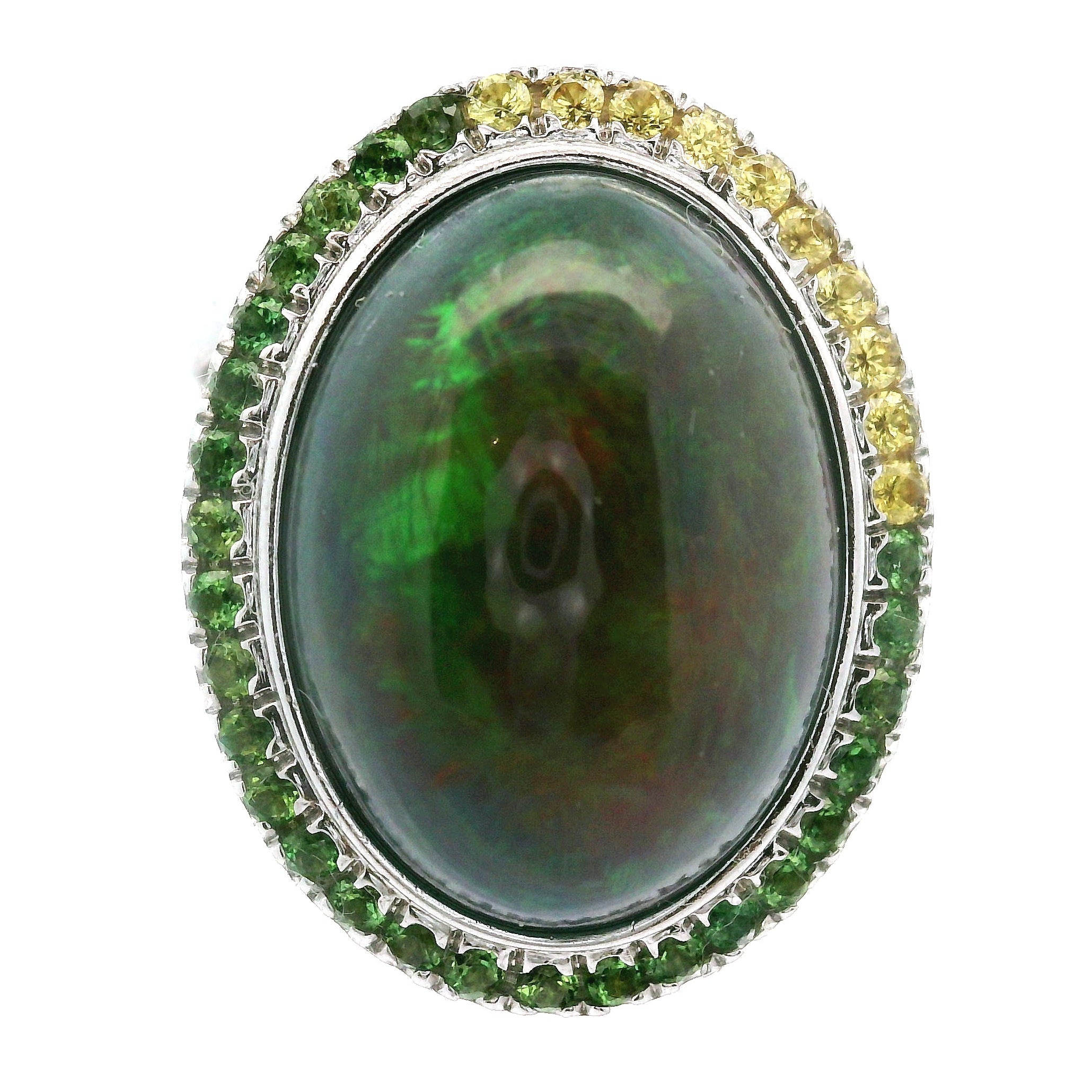 Black Opal with Yellow Sapphire, Chrome Diopside, and Garnet Pavé Cuff Ring .925 Silver for Psychic Abilities, Breakthroughs and Grounding